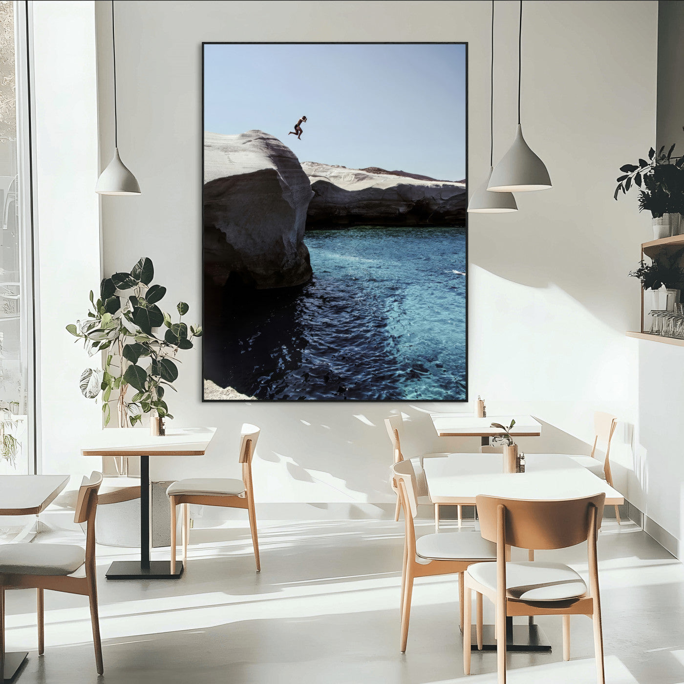 96853328-MGV-CV-24X36-Cliff Diving Wall Art Canvas Print, Framed Turquoise Sea Art Picture Print, Ocean Adventure Perfect Coastal Minimalist Decor