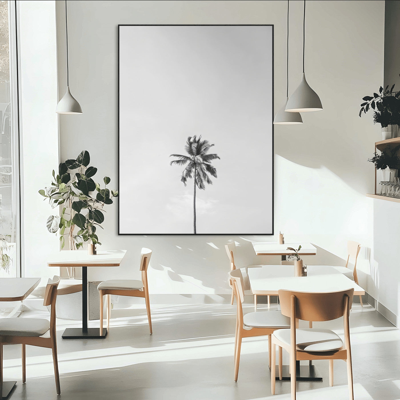 67263674-MGV-CV-24X36-Lone Palm Tree Wall Art Canvas Print, Framed Minimalist Tropical Art Picture Print, Monochrome Beach Perfect Modern Coastal