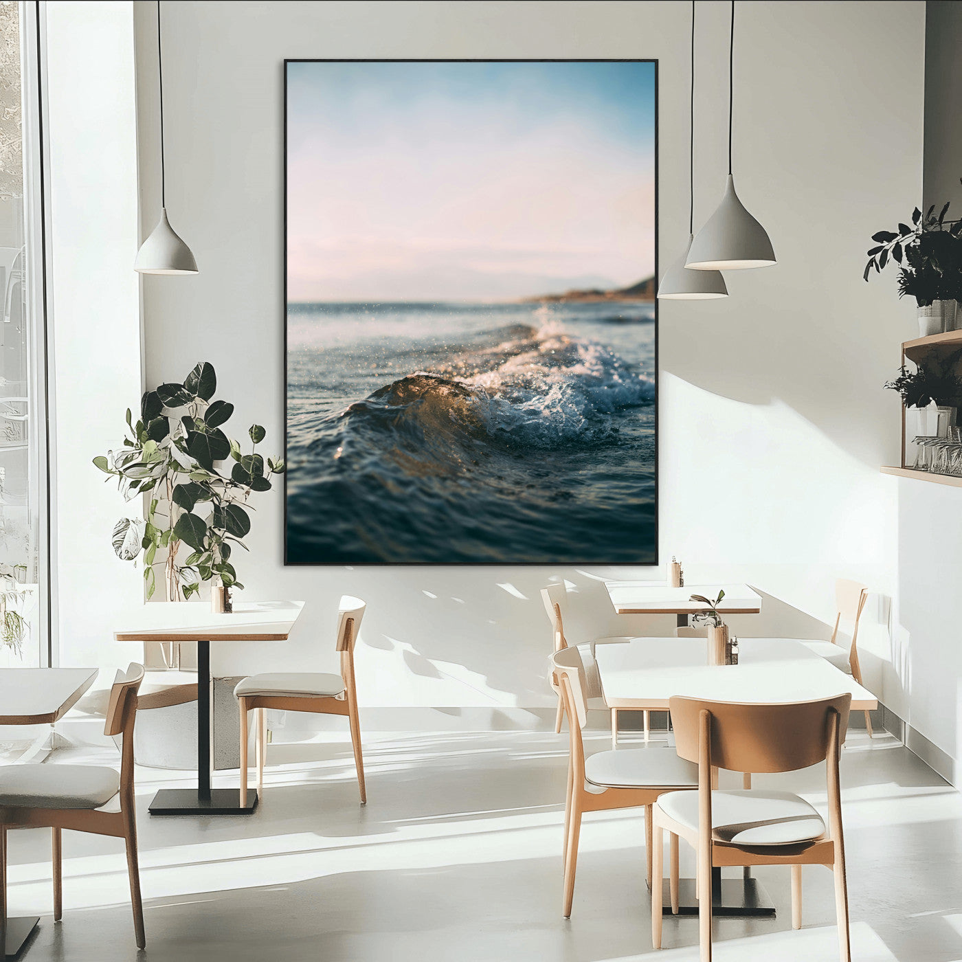 65283502-MGV-CV-24X36-Ocean Waves Wall Art Canvas Print, Framed Coastal Serenity Art Picture Print, Golden Hour Perfect Modern Coastal Decor Artwork