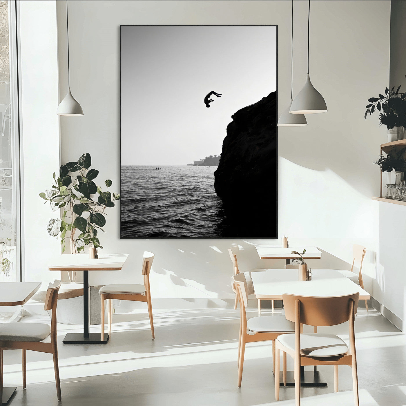36618494-MGV-CV-24X36-Modern Wall Art – Cliff Diver Black and White Canvas Print, Bold Ocean Photography Decor for Bedroom, Living Room, Office, Coastal