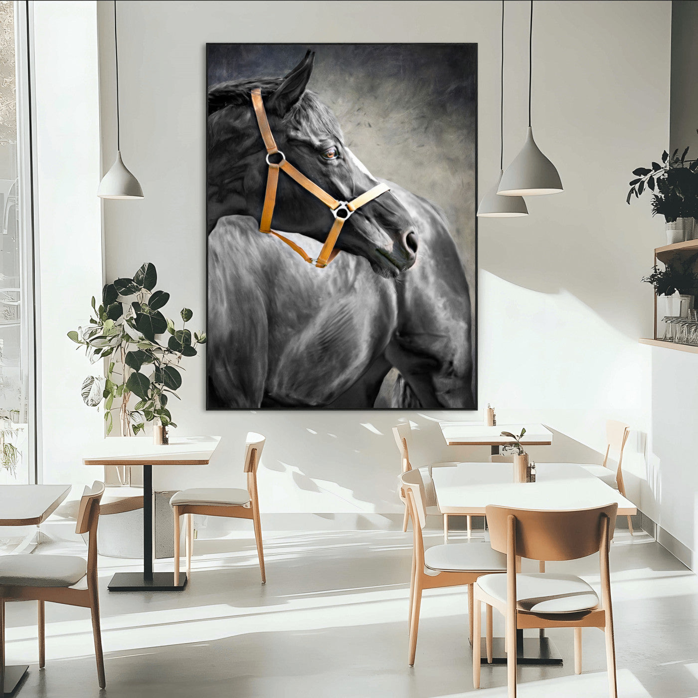 40324916-MGV-CV-24X36-Horse Wall Art – Equestrian Canvas Print, Elegant Black Stallion Portrait with Golden Halter, Rustic Western Photography Decor for
