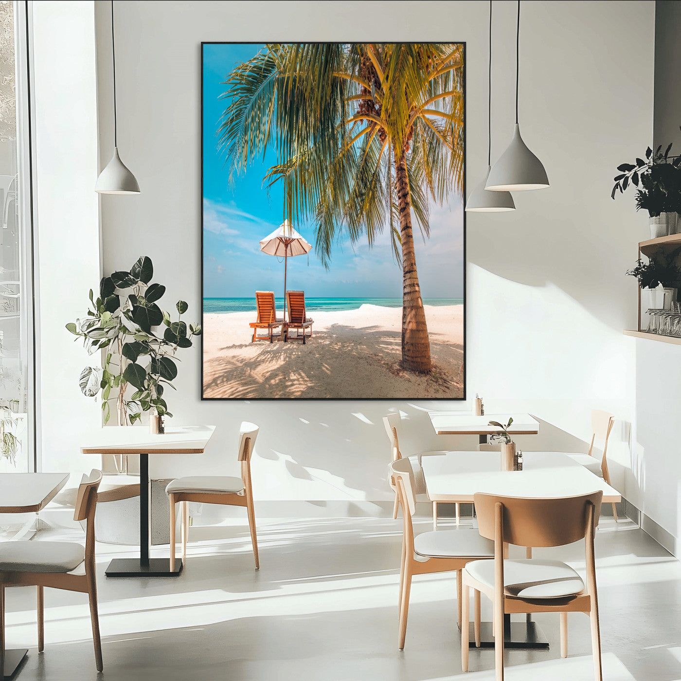 51024-MGV-CV-24X36-Tropical Beach Wall Art Canvas Print, Framed Palm Tree Art Picture Print, Sandy Shoreline Perfect Minimalist Coastal Decor Artwork