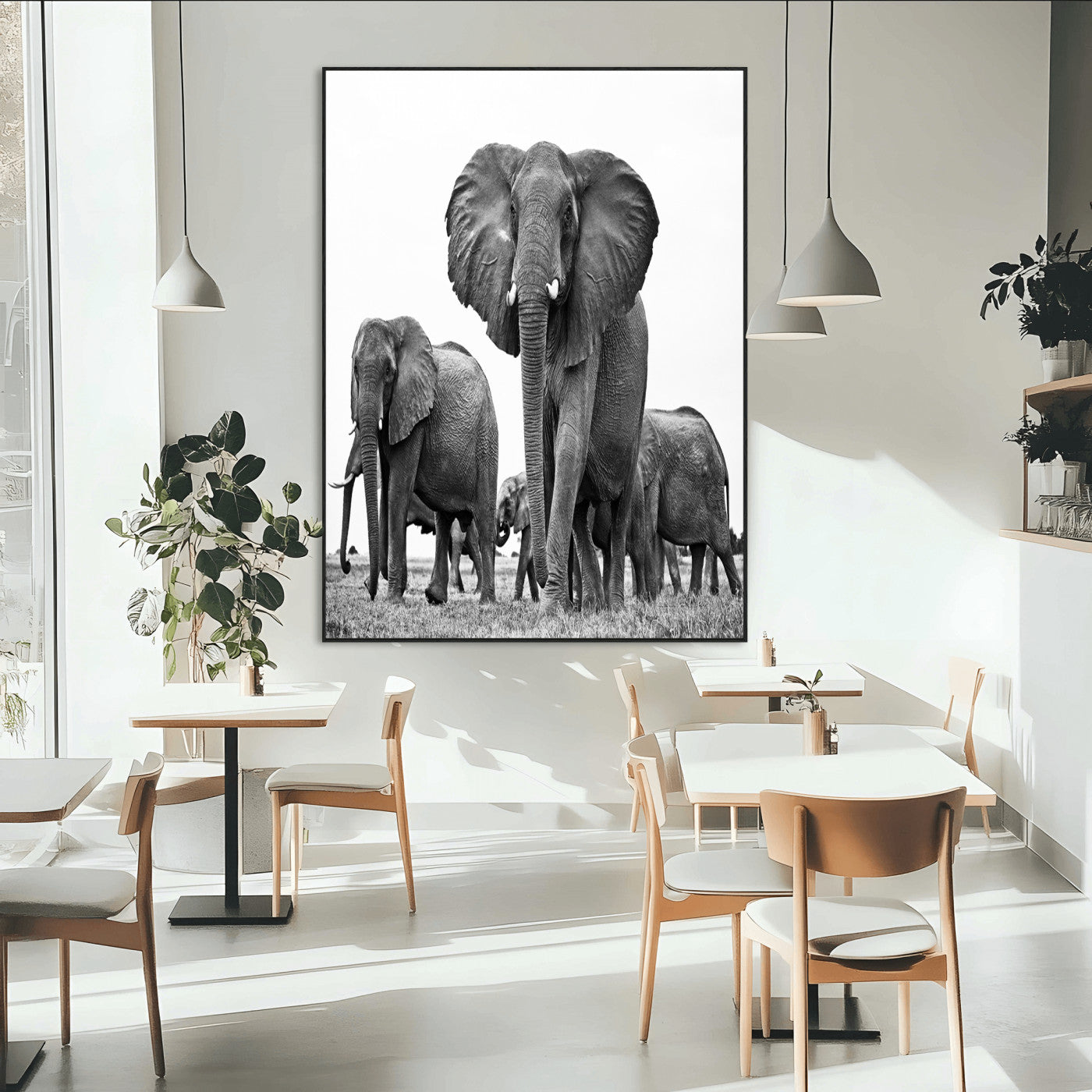 79634-MGV-CV-24X36-Elephant Herd Wall Art Canvas Print, Framed African Elephant Art Picture Print, Monochrome Wildlife Perfect Monochrome Safari
