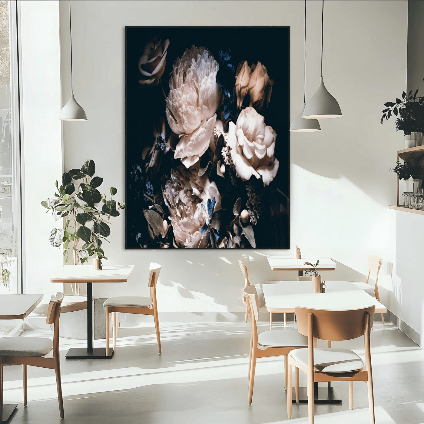 47195-MGV-CV-24X36-Moody Peonies Wall Art Canvas Print, Framed Dark Floral Art Picture Print, Creamy Rose Perfect Baroque Floral Decor Artwork