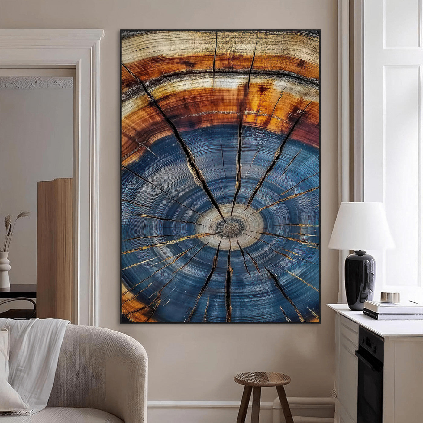 58959380-MGV-CV-24X36-Tree Rings Wall Art Canvas Print, Framed Wood Texture Art Picture Print, Blue Grain Perfect Rustic Modern Decor Artwork