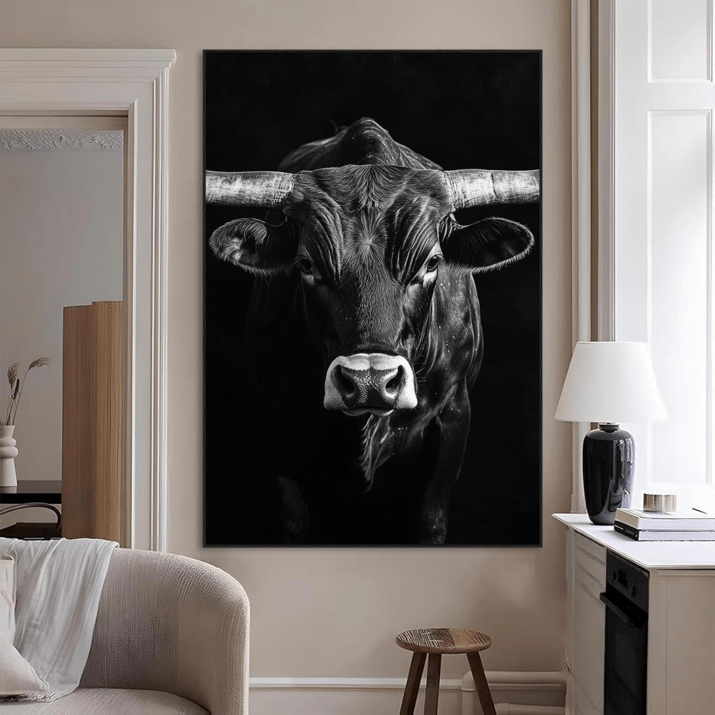 75358747-MGV-CV-24X36-Texas Longhorn Wall Art Canvas Print, Framed Monochrome Bull Art Picture Print, Horned Bull Perfect Minimalist Western Decor
