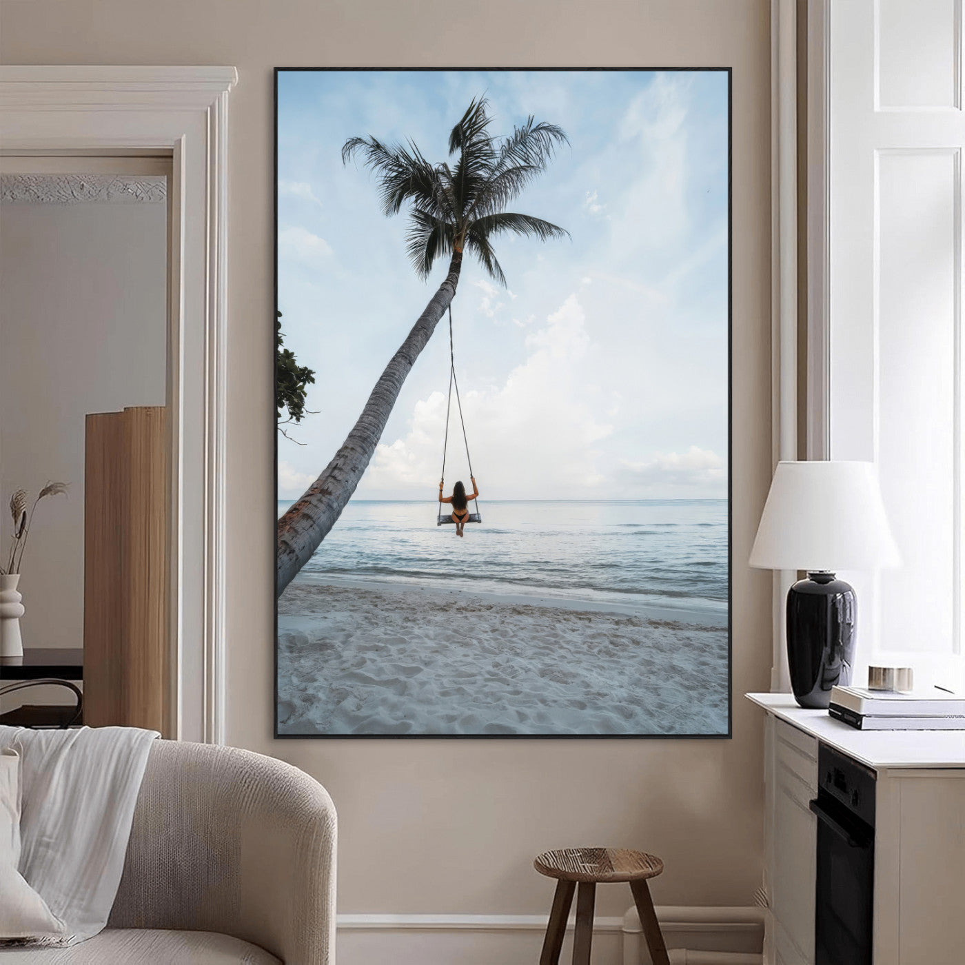 86062249-MGV-CV-24X36-Tropical Swing Wall Art Canvas Print, Framed Ocean Horizon Art Picture Print, Palm Trees Perfect Tropical Minimalist Decor Artwork