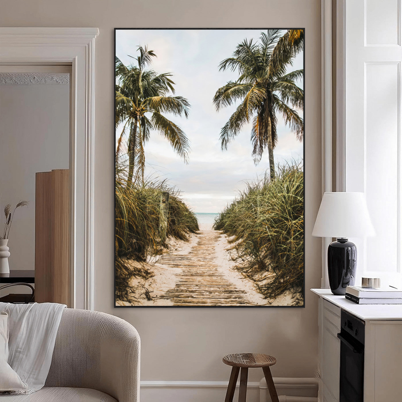 47319550-MGV-CV-24X36-Tropical Beach Wall Art Canvas Print, Framed Rustic Sand Art Picture Print, Palm Tree Perfect Tropical Coastal Decor Artwork