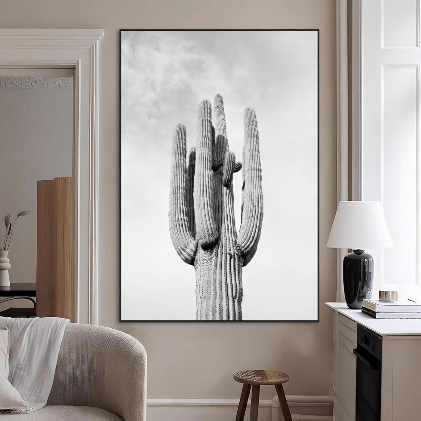 17148959-MGV-CV-24X36-Saguaro Cactus Wall Art Canvas Print, Framed Monochrome Desert Art Picture Print, Black White Cactus Perfect Southwestern