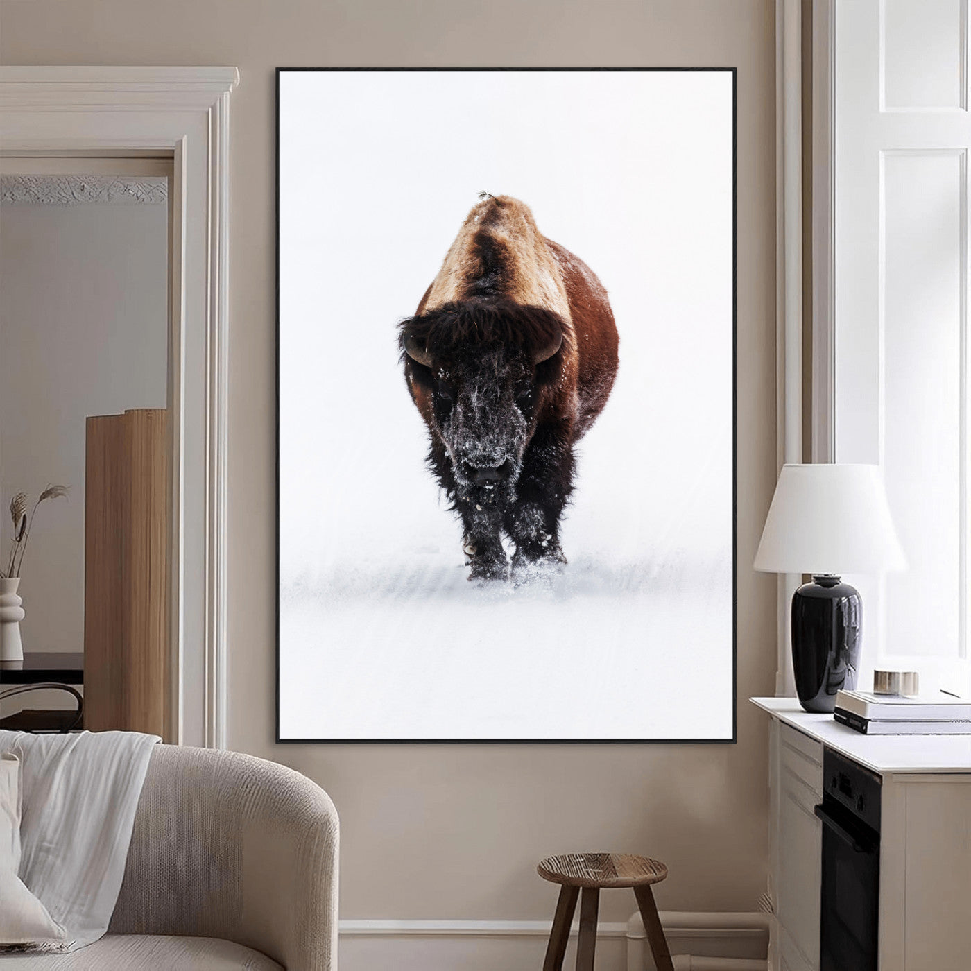 11394883-MGV-CV-24X36-Winter Bison Wall Art Canvas Print, Framed Rustic Wildlife Art Picture Print, Bold Animal Art Perfect Rustic Lodge Decor Artwork