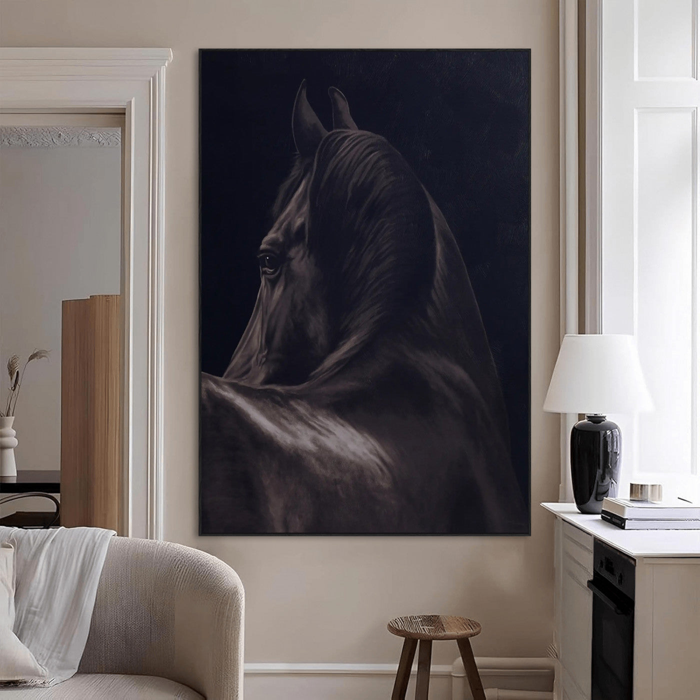 67026880-MGV-CV-24X36-Black Horse Portrait Wall Art Canvas Print, Framed Moody Horse Decor Art Picture Print, Equestrian Wall Style Perfect Masculine