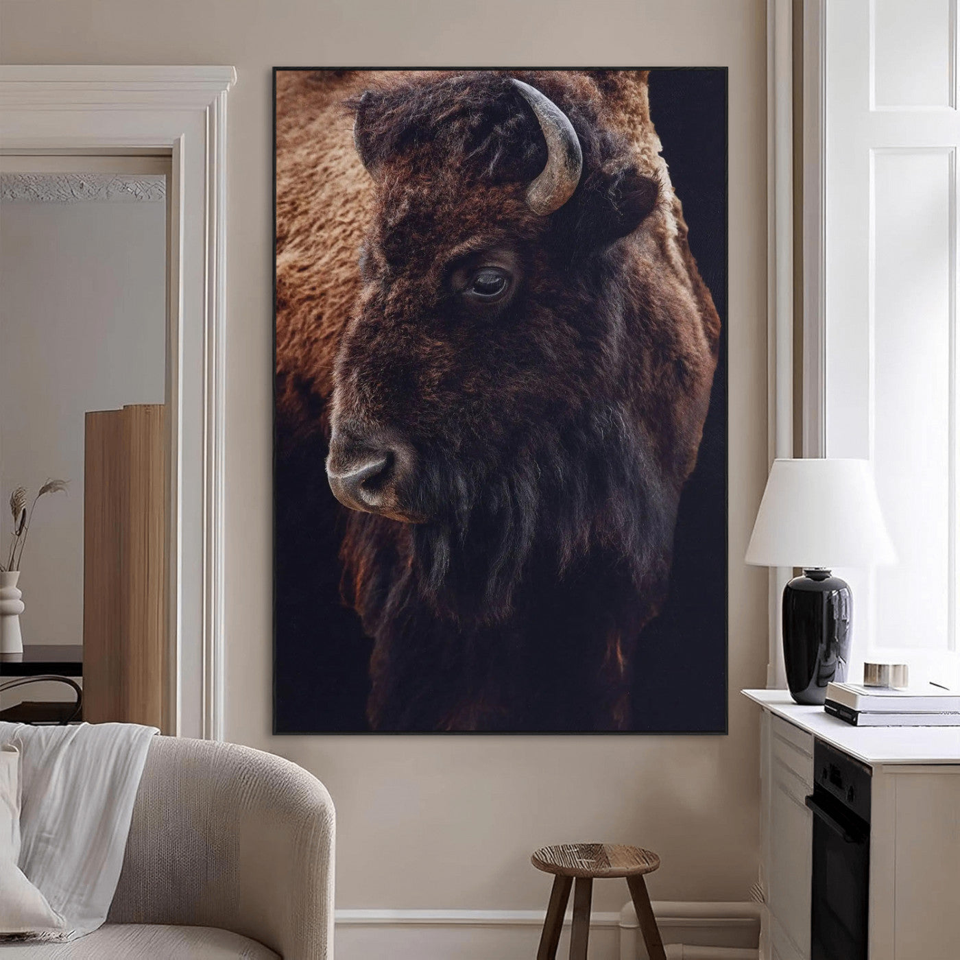 56758157-MGV-CV-24X36-Bison Portrait Wall Art Canvas Print, Framed Rustic Wall Accent Art Picture Print, Lodge Style Perfect Rustic Lodge Decor Artwork