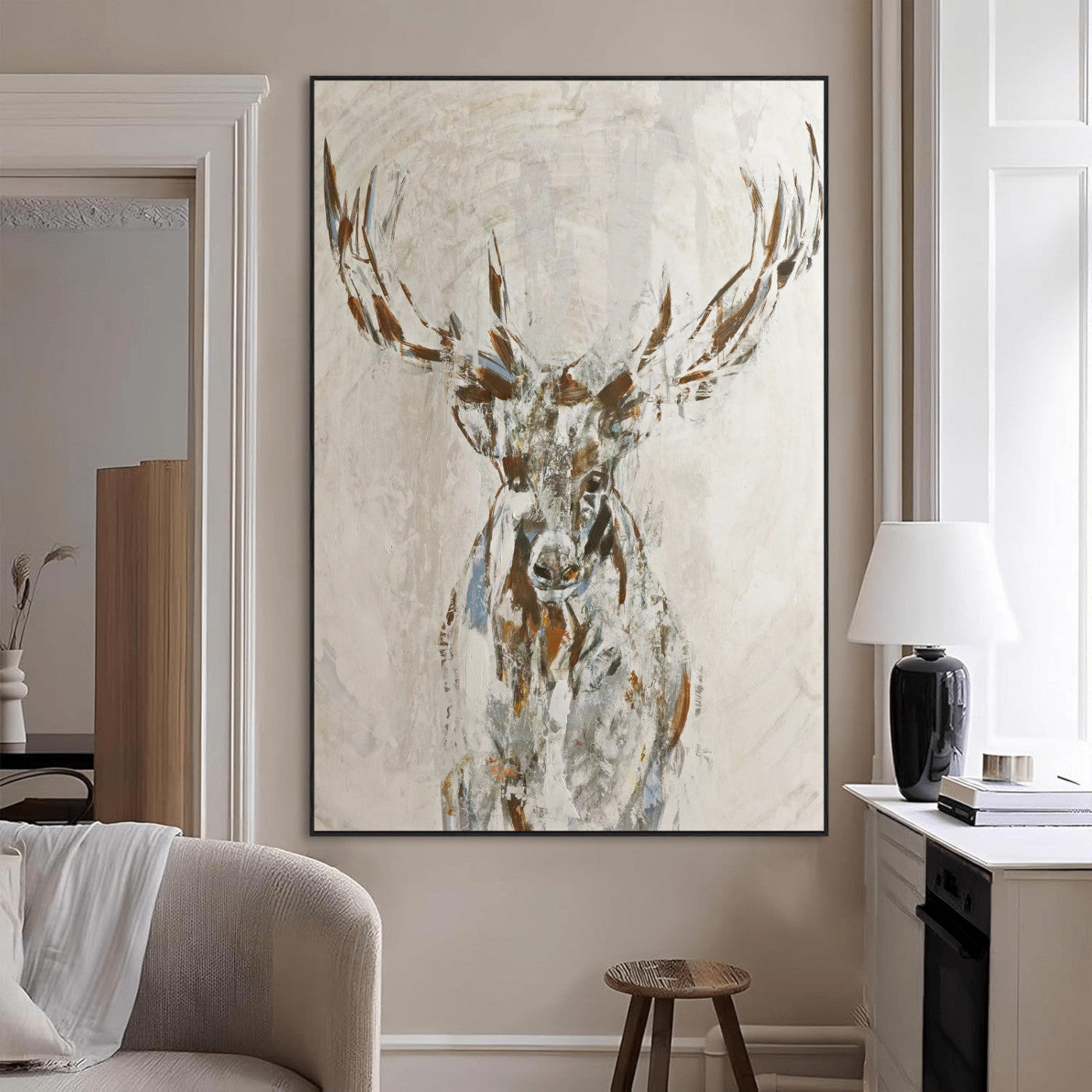 79642067-MGV-CV-24X36-Abstract Deer Wall Art Canvas Print, Framed Lodge Style Decor Art Picture Print, Rustic Animal Wall Perfect Lodge Cabin Style