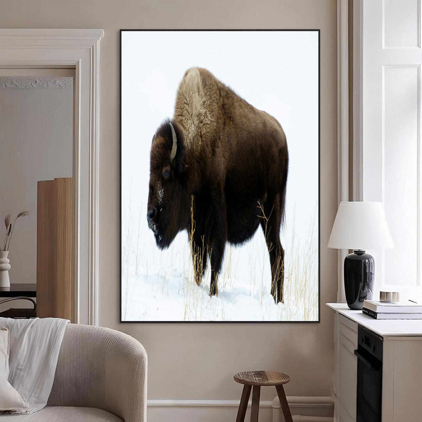 76778120-MGV-CV-24X36-Bison Photography Wall Art Canvas Print, Framed Western Wildlife Art Picture Print, Buffalo On Snow Perfect Western Rustic Decor