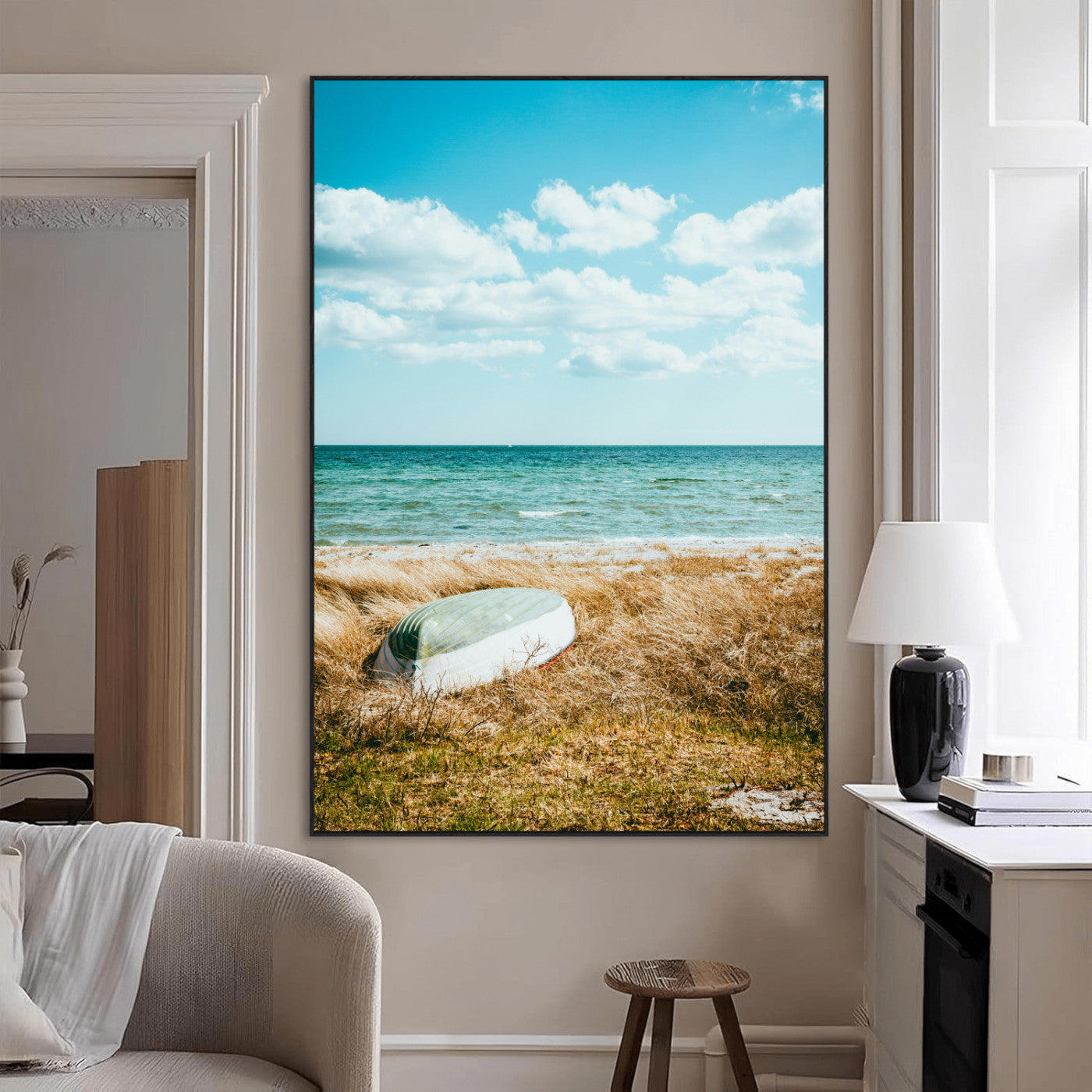 21725303-MGV-CV-24X36-Coastal Serenity Wall Art Canvas Print, Framed Ocean View Art Picture Print, Rustic Boat Perfect Nautical Coastal Decor Artwork