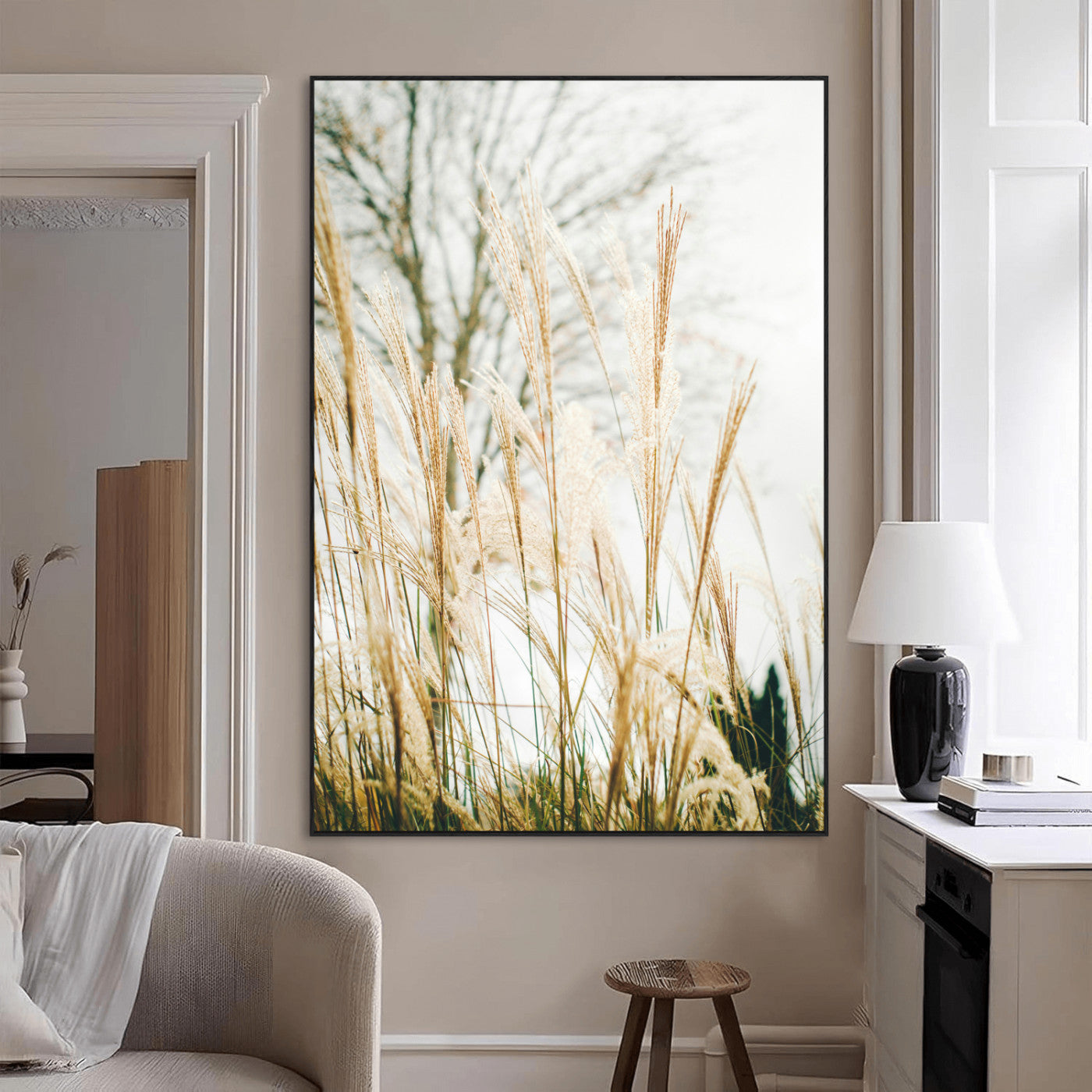 17571705-MGV-CV-24X36-Pampas Grass Wall Art Canvas Print, Framed Neutral Tones Art Picture Print, Minimalist Nature Perfect Boho Minimalist Decor