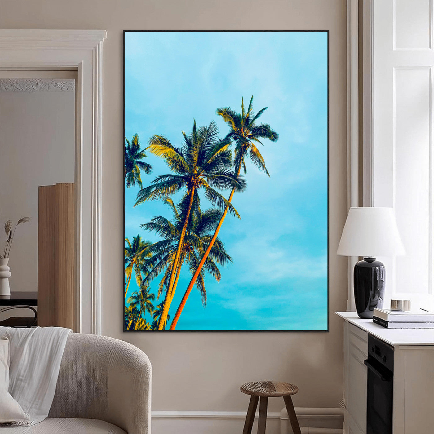 62885569-MGV-CV-24X36-Palm Trees Wall Art Canvas Print, Framed Tropical Vibes Art Picture Print, Blue Sky Perfect Coastal Boho Decor Artwork