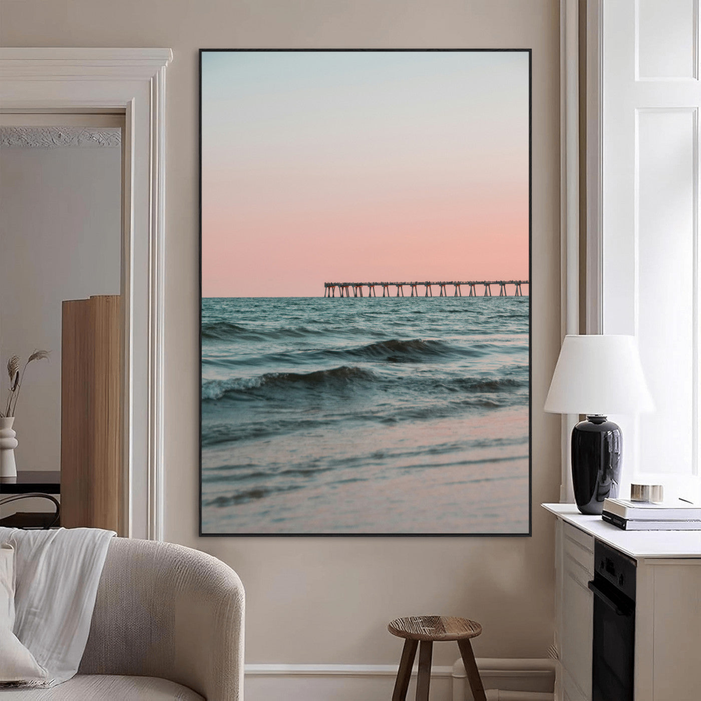 89450227-MGV-CV-24X36-Minimalist Seascape Wall Art Canvas Print, Framed Soft Pastel Sunset Art Picture Print, Tranquil Ocean Perfect Minimalist Coastal