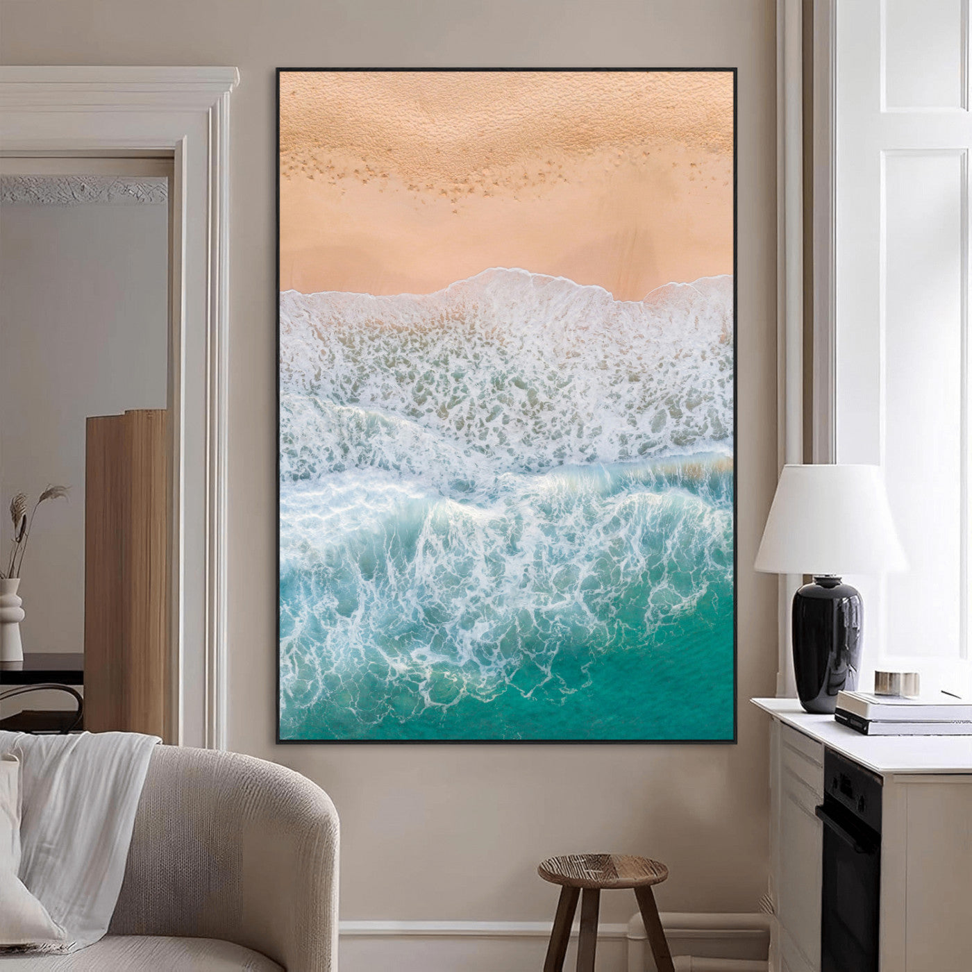 91434062-MGV-CV-24X36-Beach Aerial Wall Art Canvas Print, Framed Soft Waves Art Picture Print, Ocean Tranquility Perfect Coastal Minimalist Decor