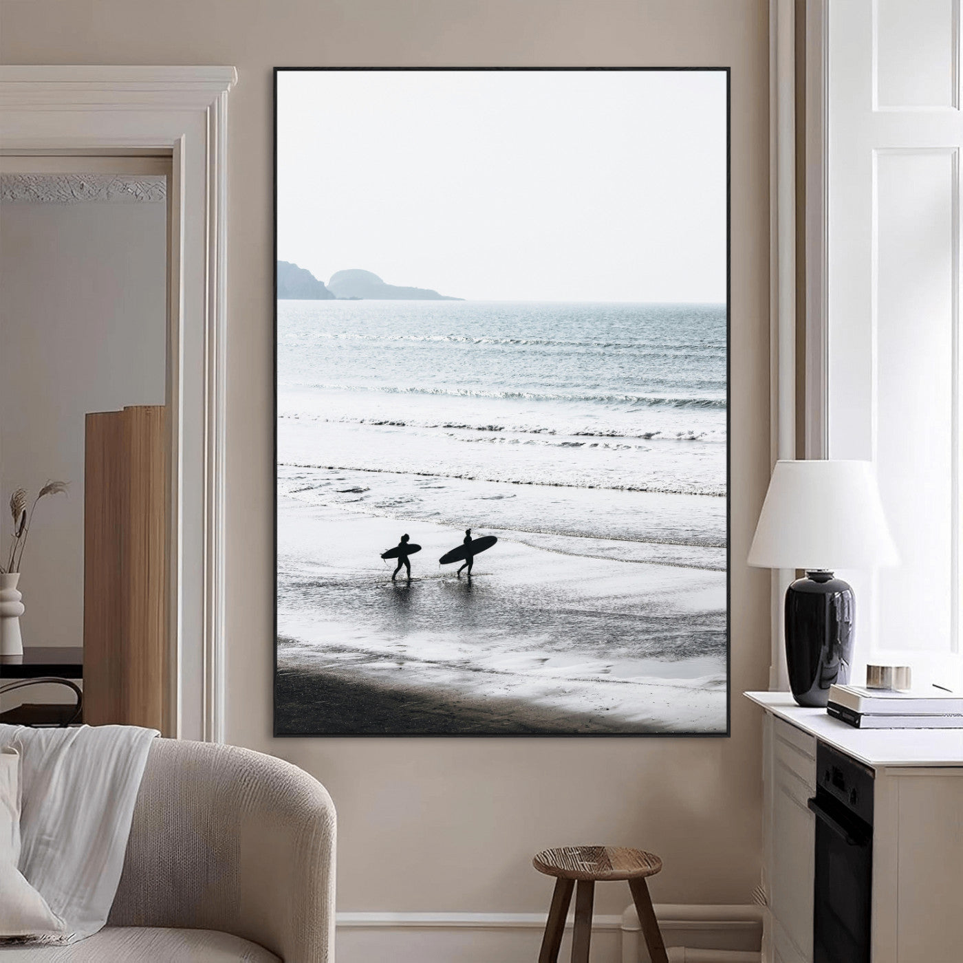 58090796-MGV-CV-24X36-Surfer Silhouettes Wall Art Canvas Print, Framed Minimalist Ocean Art Picture Print, Soft Horizon Perfect Minimalist Coastal Decor