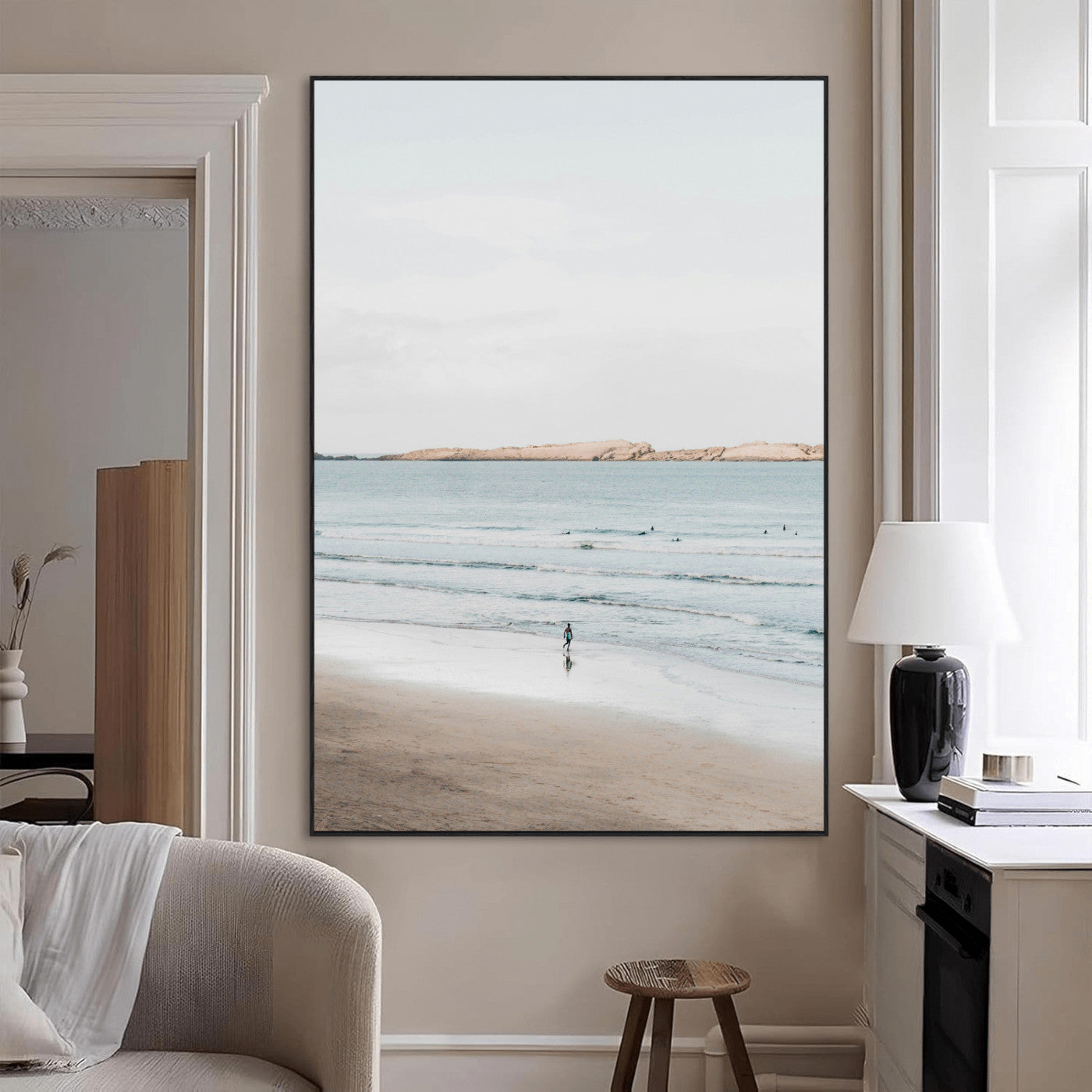 66350373-MGV-CV-24X36-Minimalist Beach Wall Art Canvas Print, Framed Soft Blue Tones Art Picture Print, Tranquil Ocean Perfect Coastal Minimalist Decor