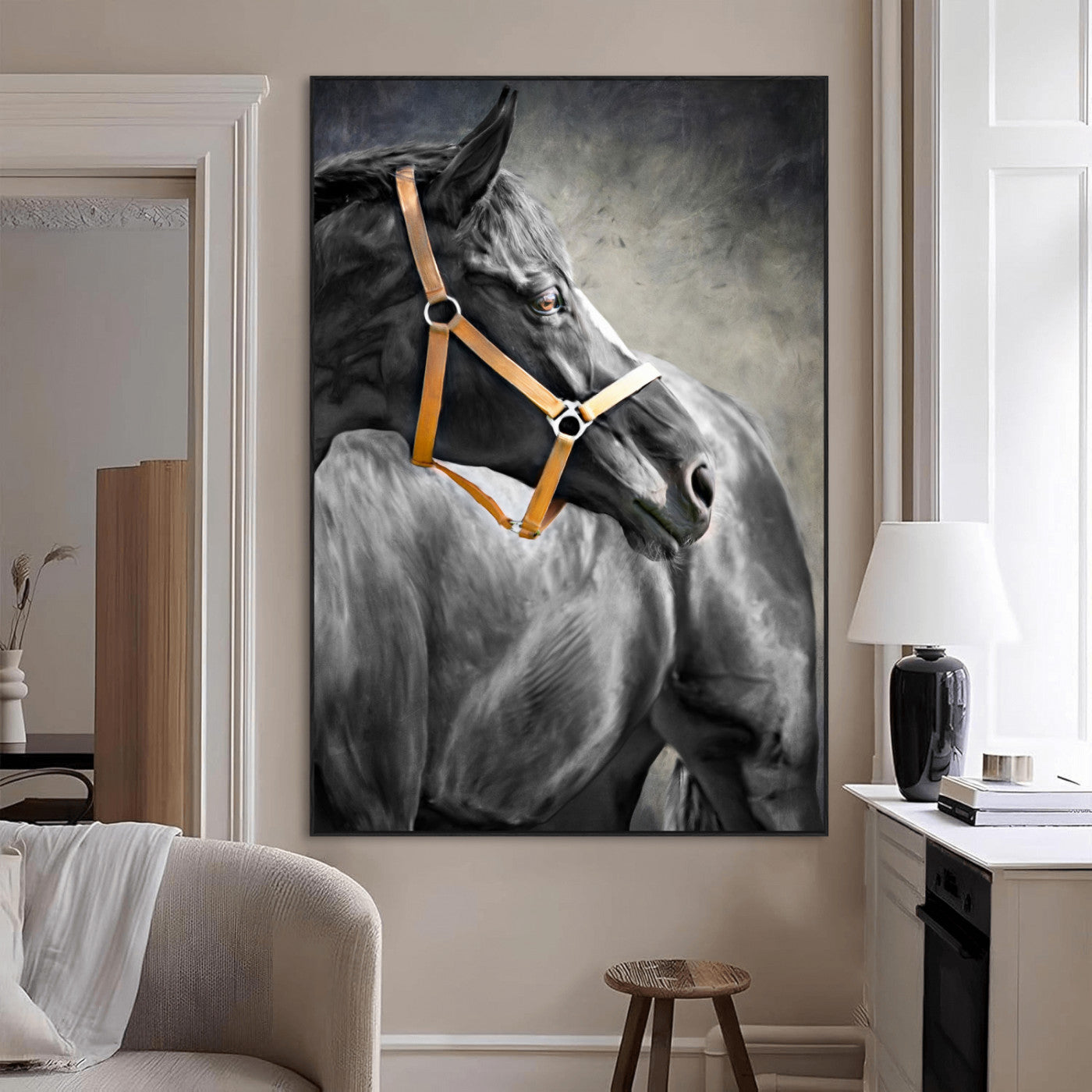 40324916-MGV-CV-24X36-Horse Wall Art – Equestrian Canvas Print, Elegant Black Stallion Portrait with Golden Halter, Rustic Western Photography Decor for