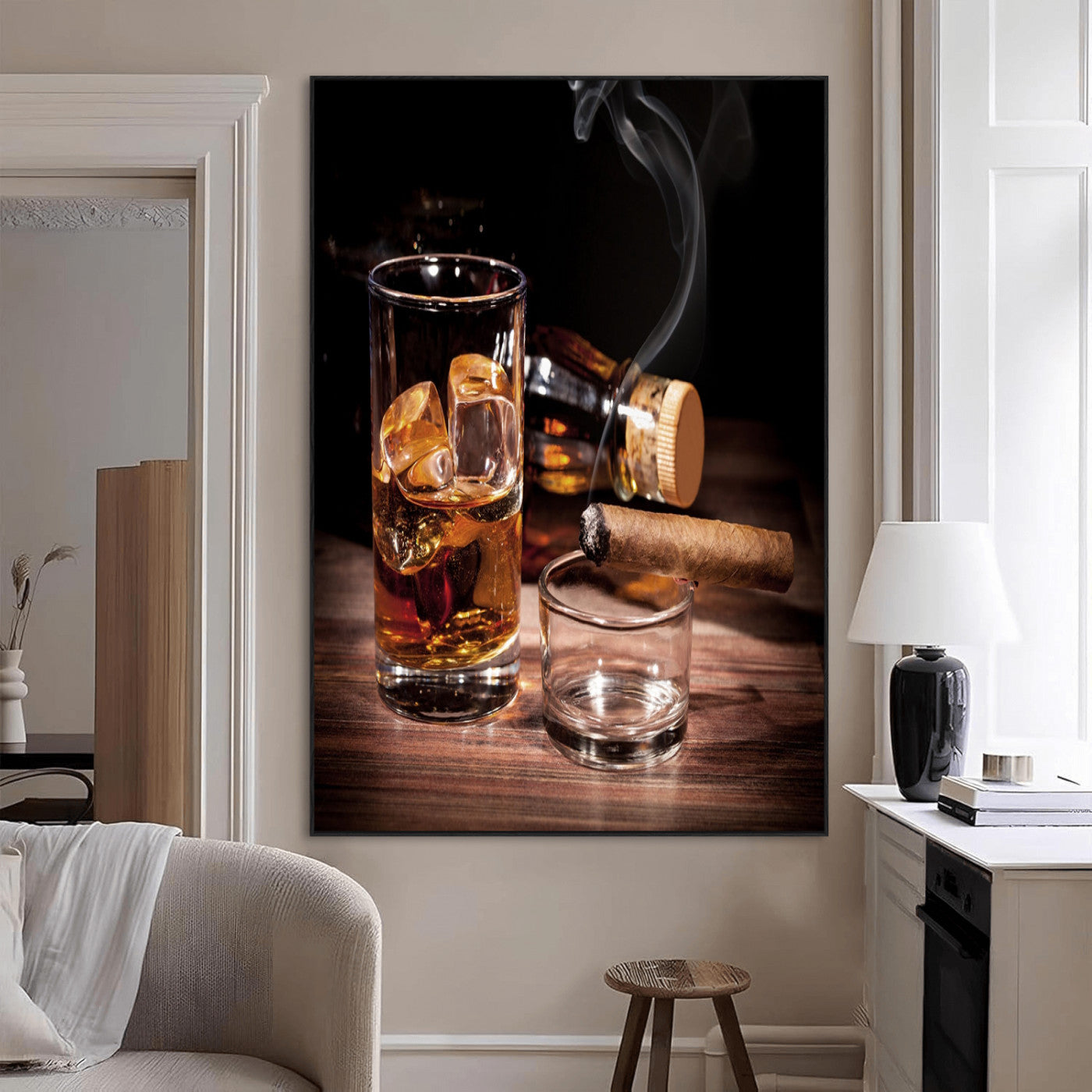 13274-MGV-CV-24X36-Whiskey Glass Wall Art Canvas Print, Framed Smoking Cigar Art Picture Print, Amber Whiskey Perfect Masculine Rustic Decor Artwork