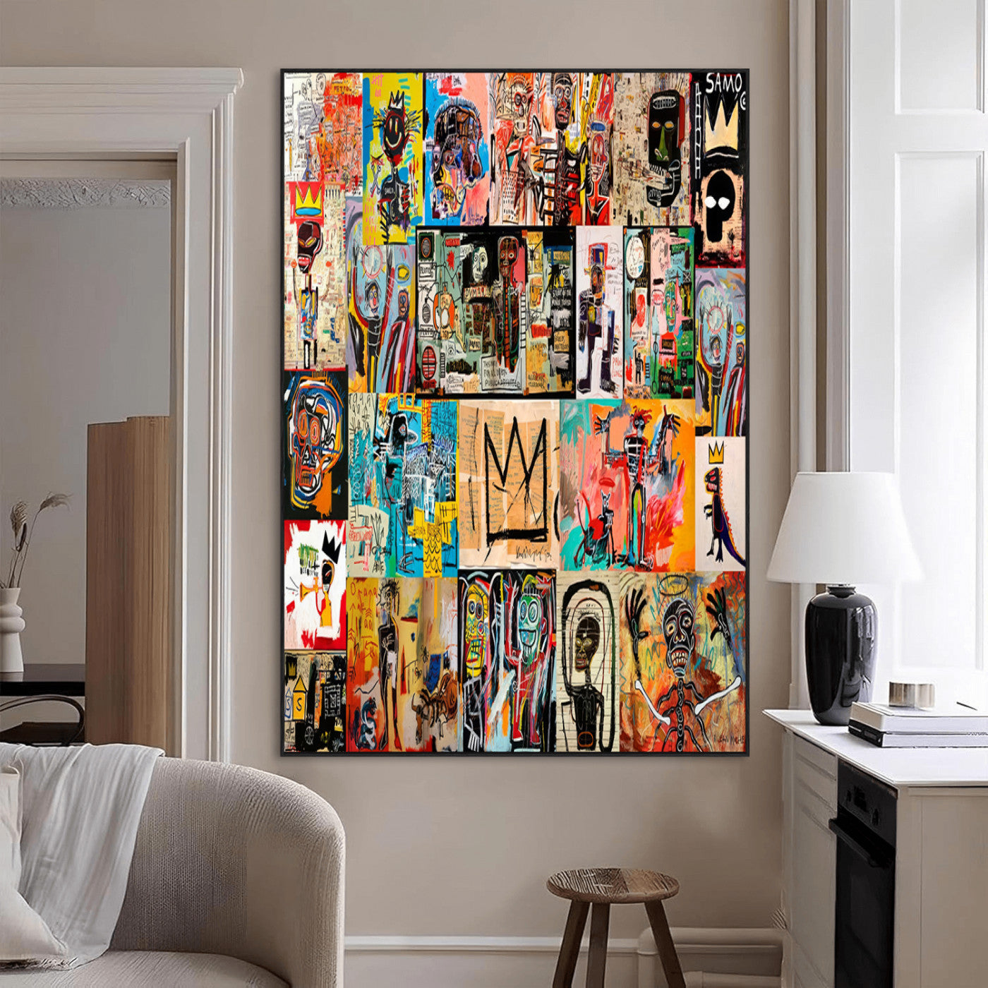 58689-MGV-CV-24X36-Basquiat Style Wall Art Canvas Print, Framed Neo Expressionism Art Picture Print, Street Art Perfect Urban Contemporary Decor