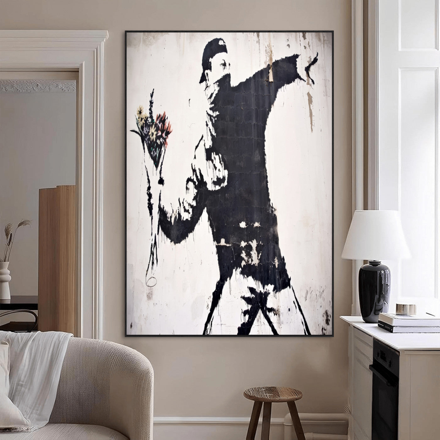 64032-MGV-CV-24X36-Flower Thrower Wall Art Canvas Print, Framed Urban Protest Art Picture Print, Graffiti Style Perfect Urban Contemporary Decor