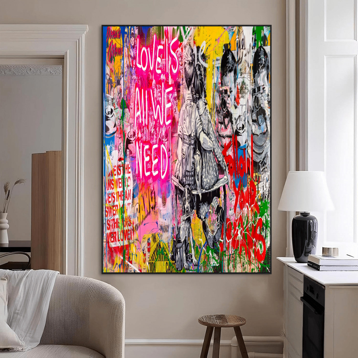 23129-MGV-CV-24X36-Street Love Wall Art Canvas Print, Framed Pop Graffiti Art Picture Print, Neon Lettering Perfect Urban Pop Decor Artwork