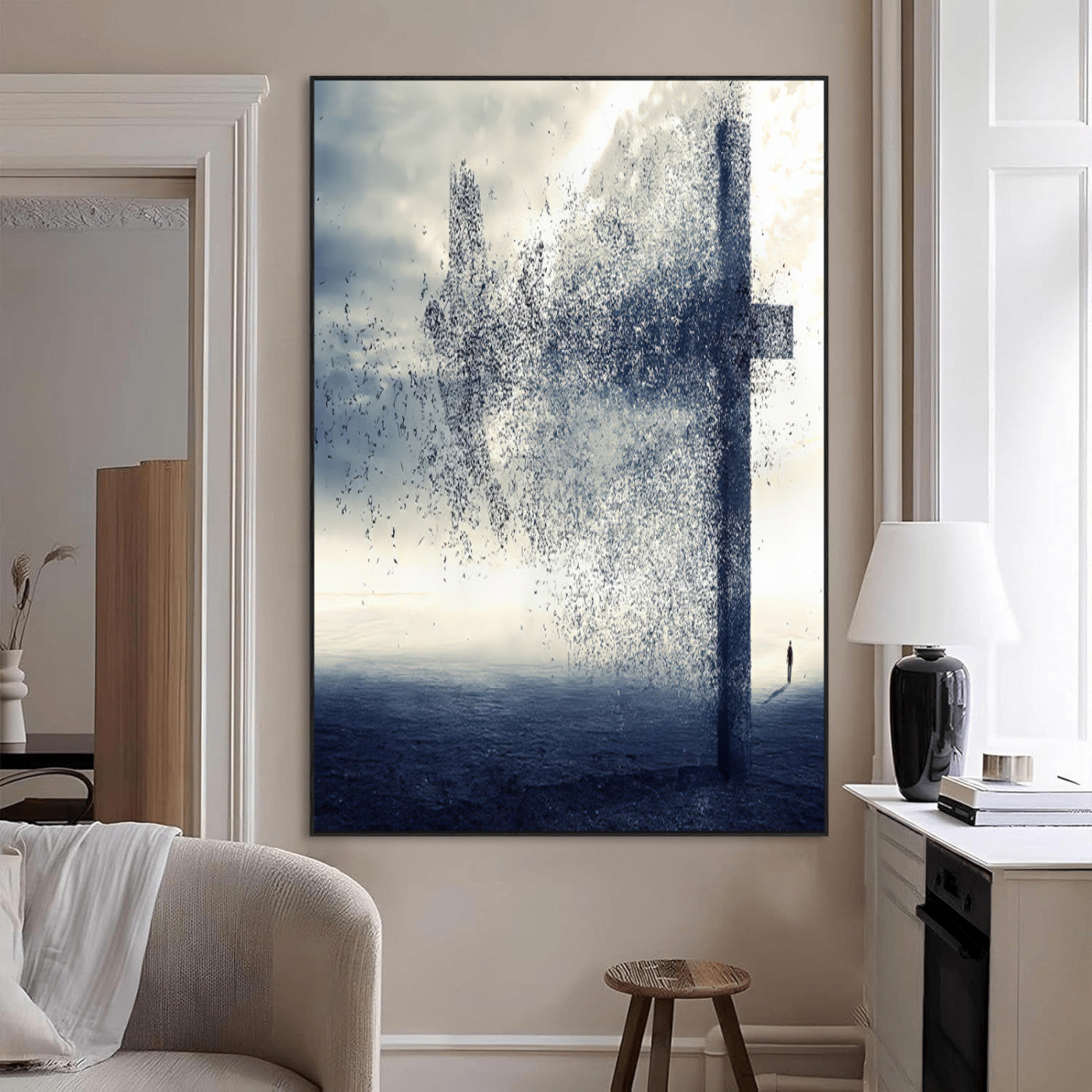 98984-MGV-CV-24X36-Disintegrating Cross Wall Art Canvas Print, Framed Abstract Symbol Art Picture Print, Conceptual Horizon Perfect Spiritual