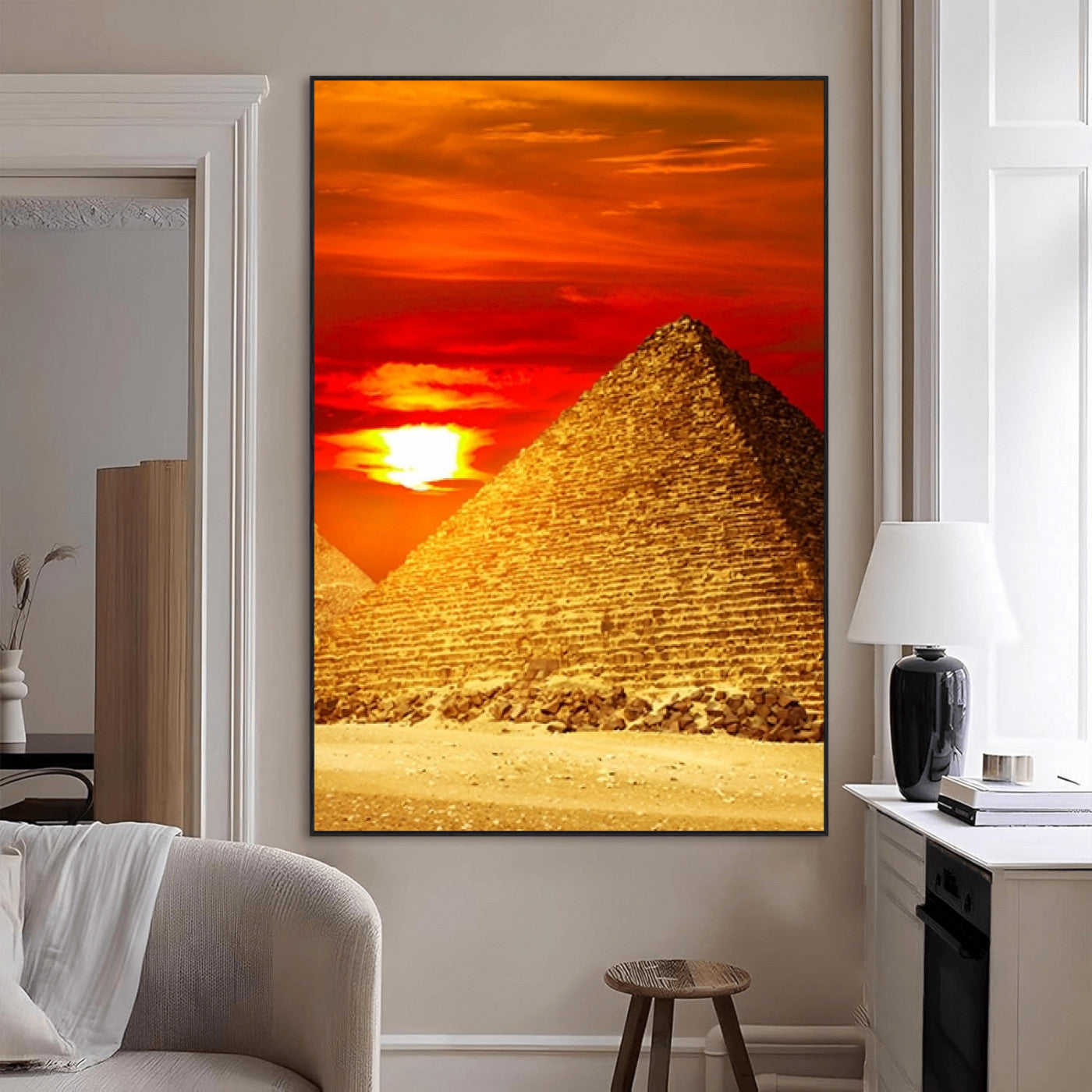 13047-MGV-CV-24X36-Pyramids Giza Wall Art – Golden Sunset Egypt Canvas Print, Ancient World Landmark Photography Decor for Living Room, Office, Study