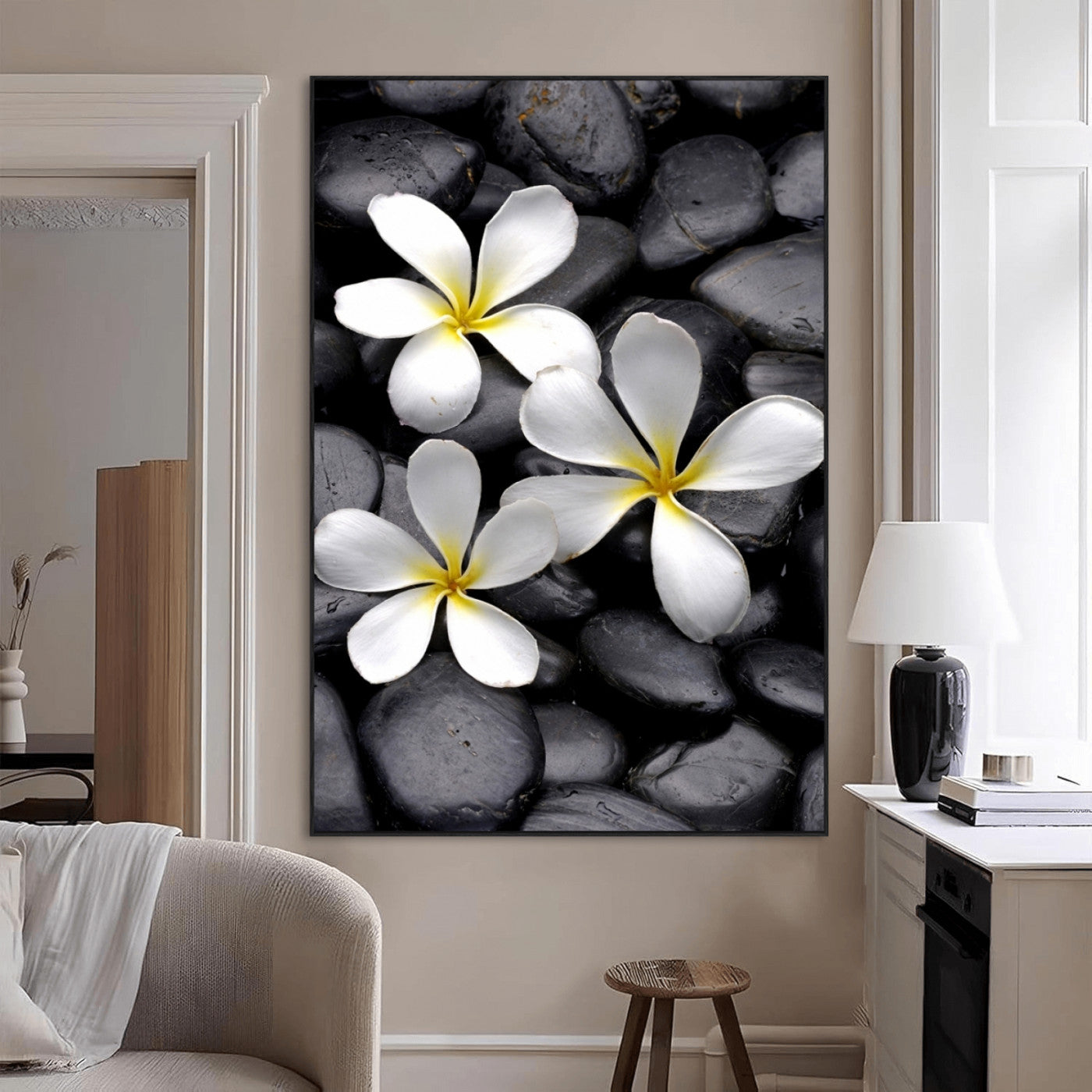 45657-MGV-CV-24X36-Large Wall Art White Flowers on Black Zen Meditation Stones Vertical Canvas Print