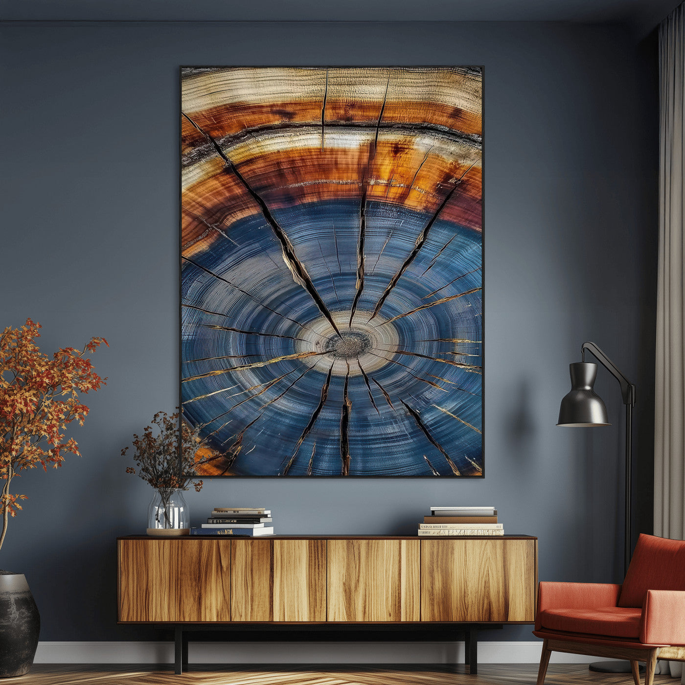 58959380-MGV-CV-24X36-Tree Rings Wall Art Canvas Print, Framed Wood Texture Art Picture Print, Blue Grain Perfect Rustic Modern Decor Artwork