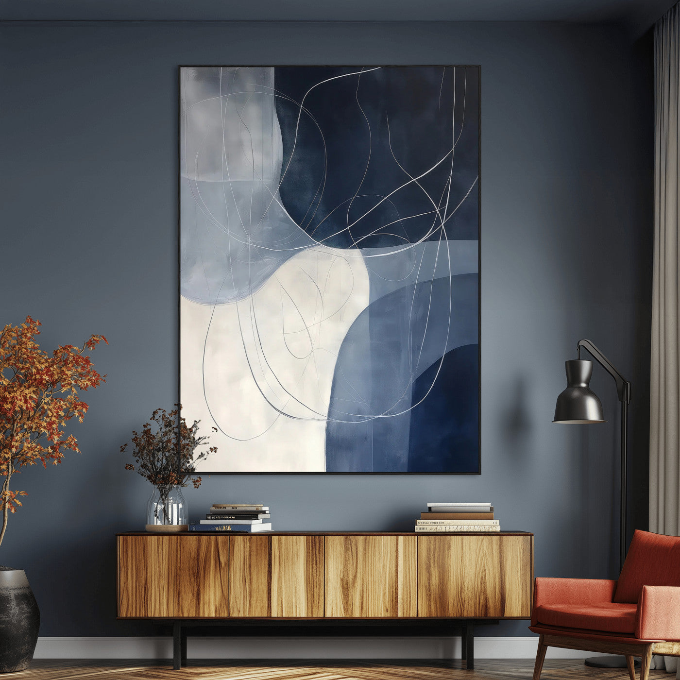 62566633-MGV-CV-24X36-Navy Abstract Wall Art Canvas Print, Framed Minimal Lineart Art Picture Print, Abstract Shapes Perfect Minimalist Abstract Decor