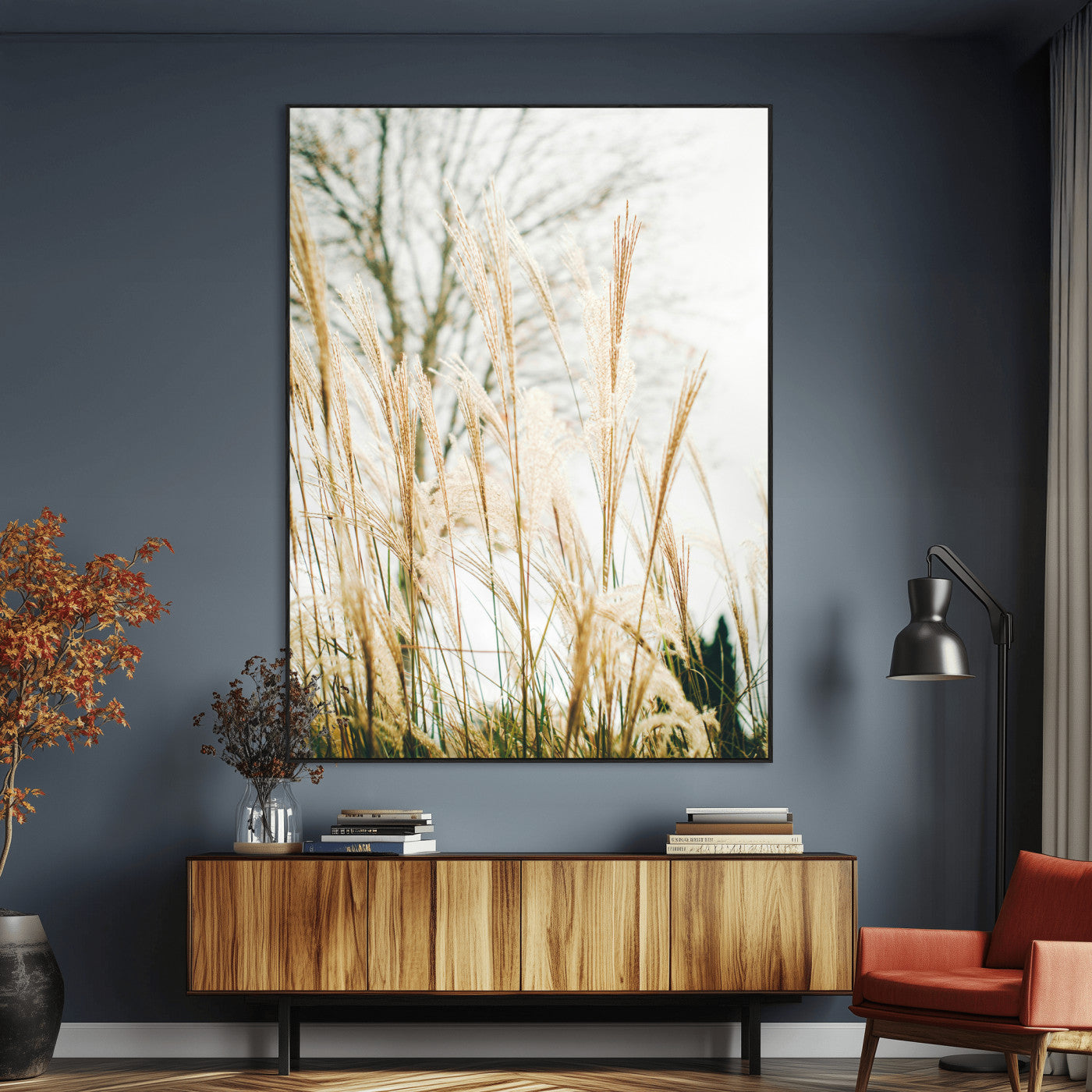 17571705-MGV-CV-24X36-Pampas Grass Wall Art Canvas Print, Framed Neutral Tones Art Picture Print, Minimalist Nature Perfect Boho Minimalist Decor