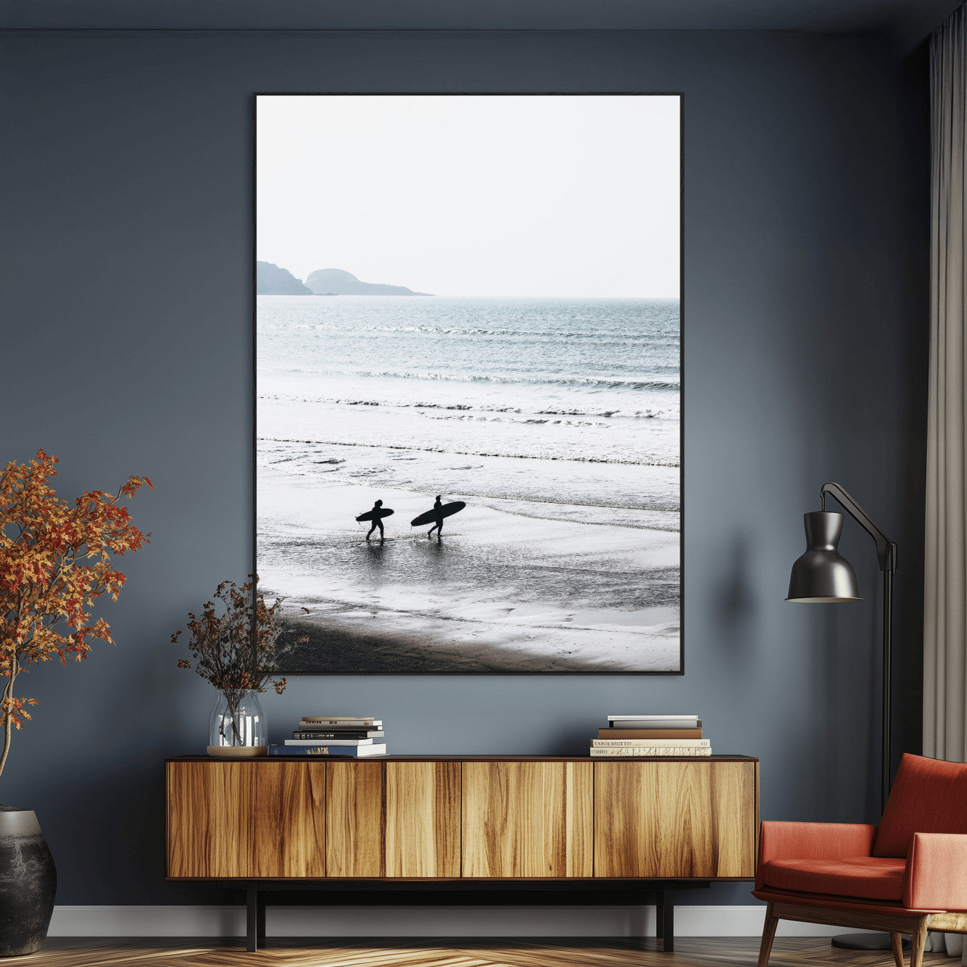 58090796-MGV-CV-24X36-Surfer Silhouettes Wall Art Canvas Print, Framed Minimalist Ocean Art Picture Print, Soft Horizon Perfect Minimalist Coastal Decor