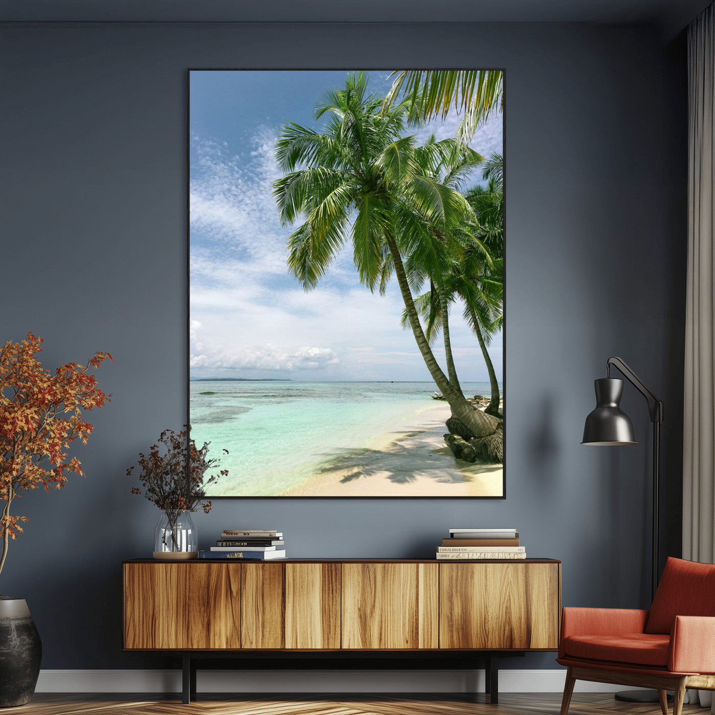 80489589-MGV-CV-24X36-Tropical Beach Palm Trees Canvas Print – Island Coastal Wall Art, Bright Ocean Horizon Photography for Bathroom, Lounge & Vacation