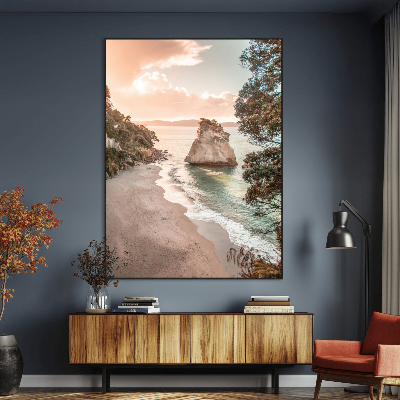 34220311-MGV-CV-24X36-Coastal Rock Wall Art – Sunset Beach Canvas Print with Ocean Waves and Golden Light, Scenic Seaside Photography for Bedroom,