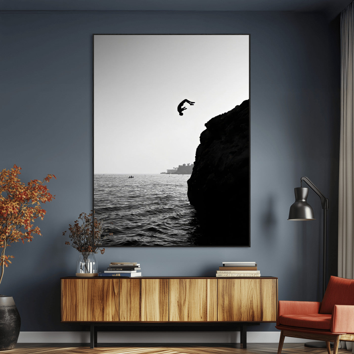 36618494-MGV-CV-24X36-Modern Wall Art – Cliff Diver Black and White Canvas Print, Bold Ocean Photography Decor for Bedroom, Living Room, Office, Coastal