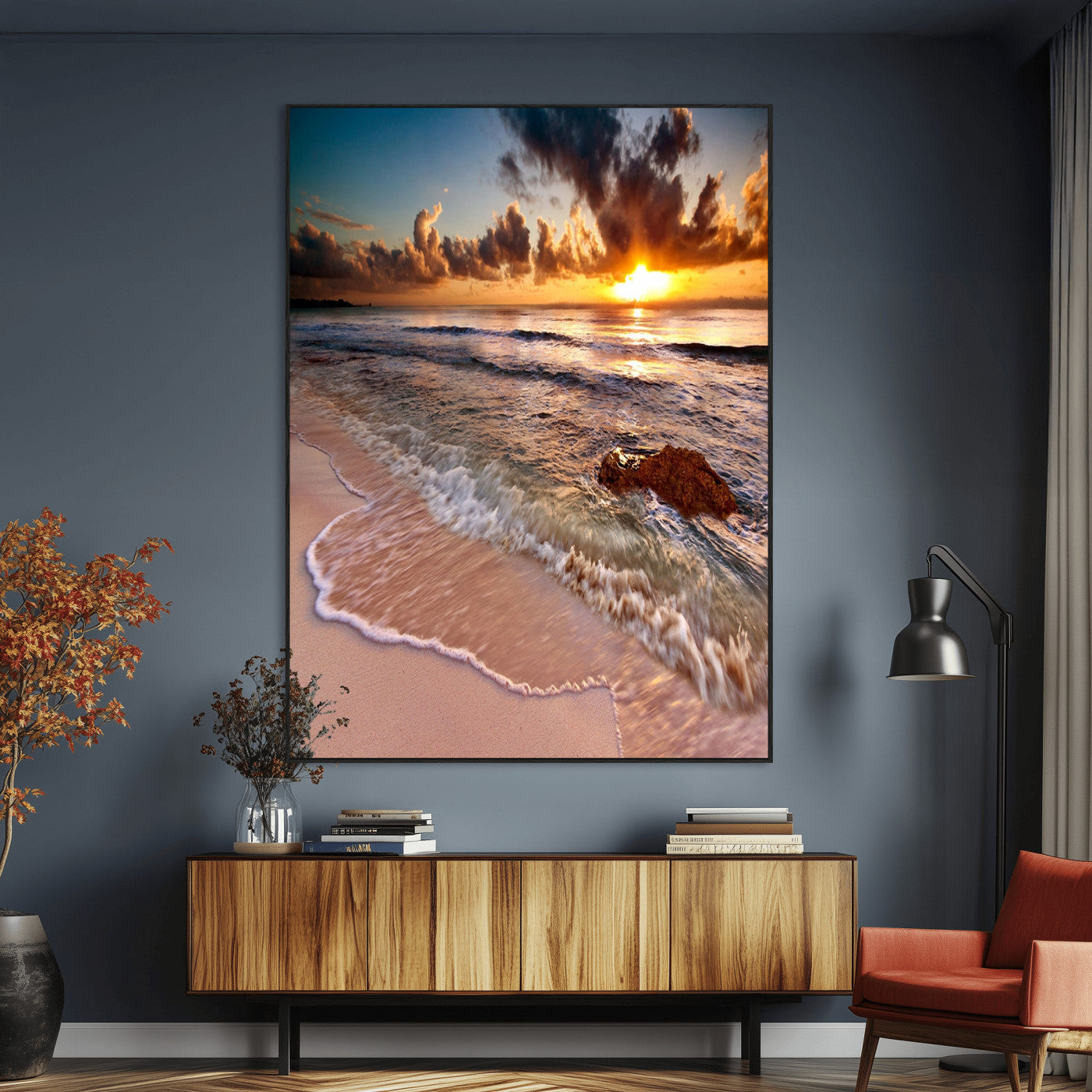 14930-MGV-CV-24X36-Beach Sunset Wall Art Canvas Print, Framed Ocean Horizon Art Picture Print, Tropical Shore Perfect Minimalist Coastal Decor