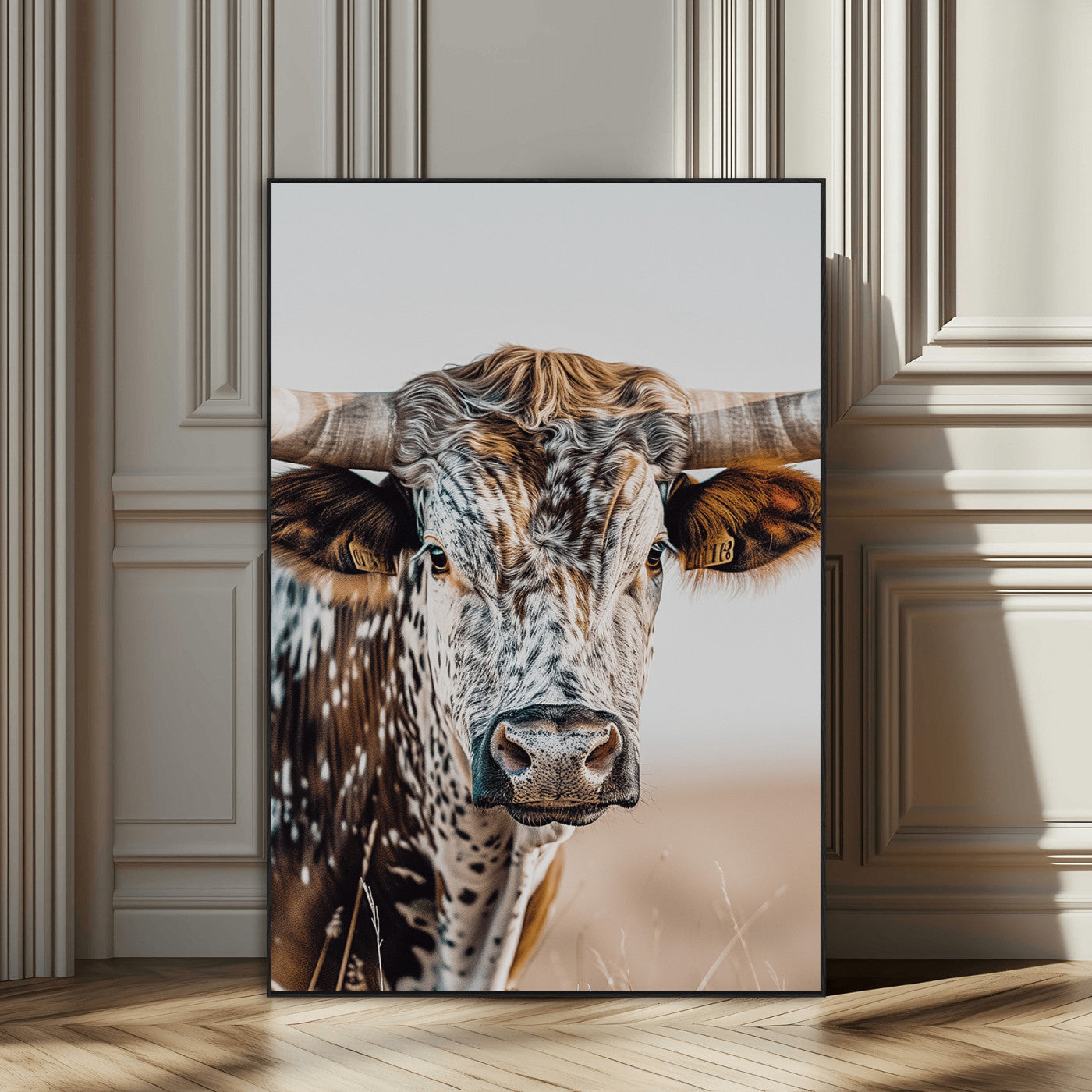 50803532-SEG-FC-51X34_Oversize_Oversize-Texas Longhorn Wall Art Canvas Print, Framed Speckled Cow Art Picture Print, Horned Bull Perfect Rustic Western Decor Artwork