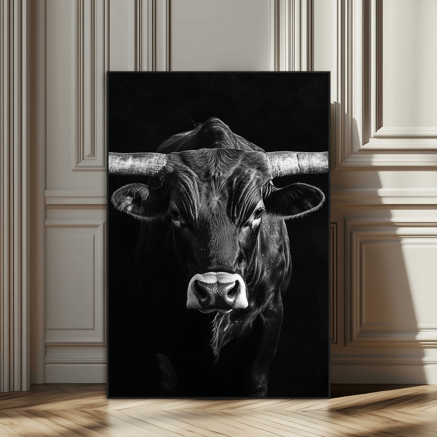 75358747-SEG-FC-51X34_Oversize_Oversize-Texas Longhorn Wall Art Canvas Print, Framed Monochrome Bull Art Picture Print, Horned Bull Perfect Minimalist Western Decor