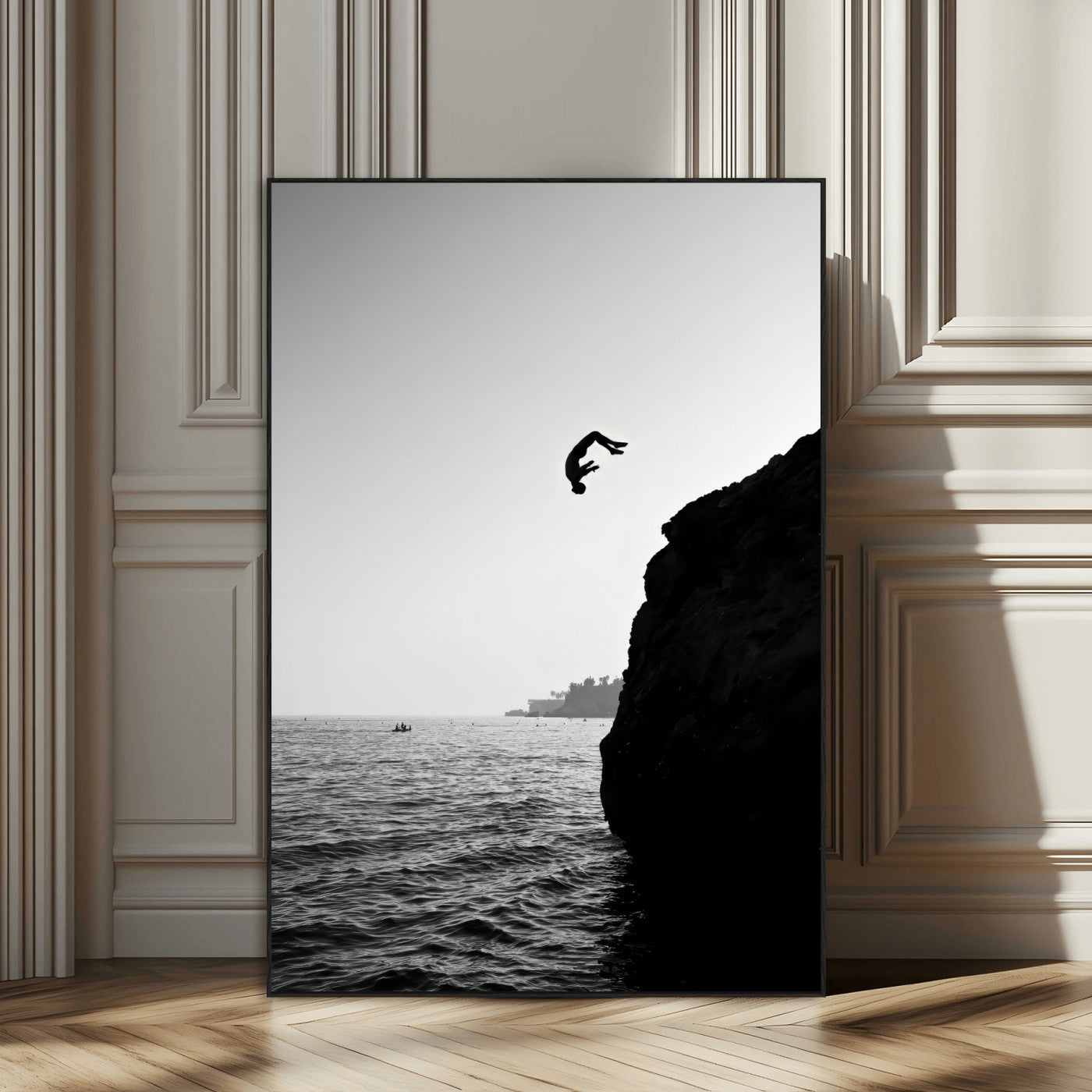 99497106-MGV-CV-24X36-Cliff Jumping Wall Art Canvas Print, Framed Black White Ocean Art Picture Print, Monochrome Cliff Perfect Minimalist Adventure