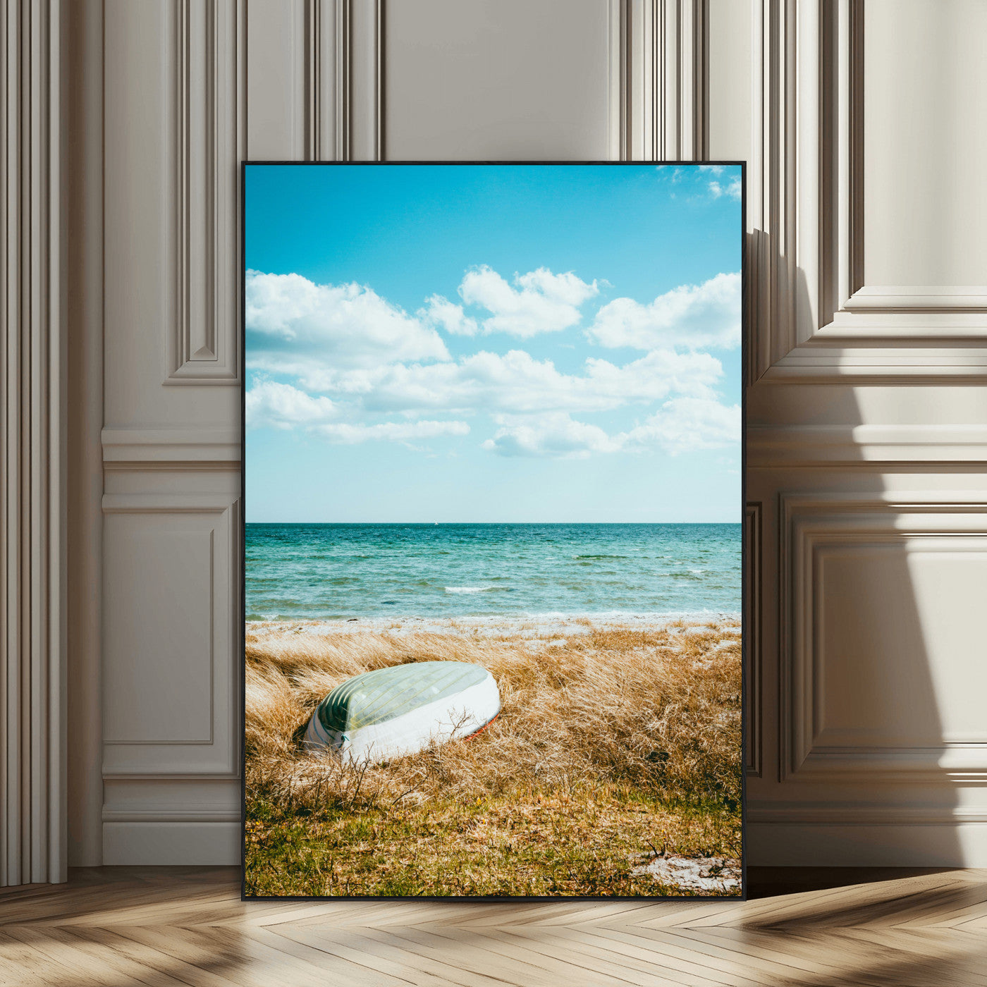 21725303-MGV-CV-24X36-Coastal Serenity Wall Art Canvas Print, Framed Ocean View Art Picture Print, Rustic Boat Perfect Nautical Coastal Decor Artwork