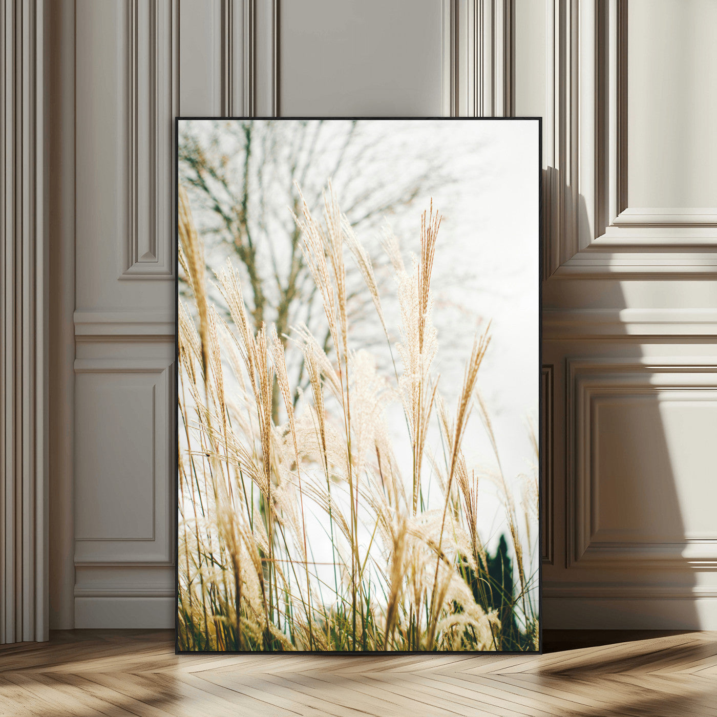 17571705-SEG-FC-51X34_Oversize_Oversize-Pampas Grass Wall Art Canvas Print, Framed Neutral Tones Art Picture Print, Minimalist Nature Perfect Boho Minimalist Decor