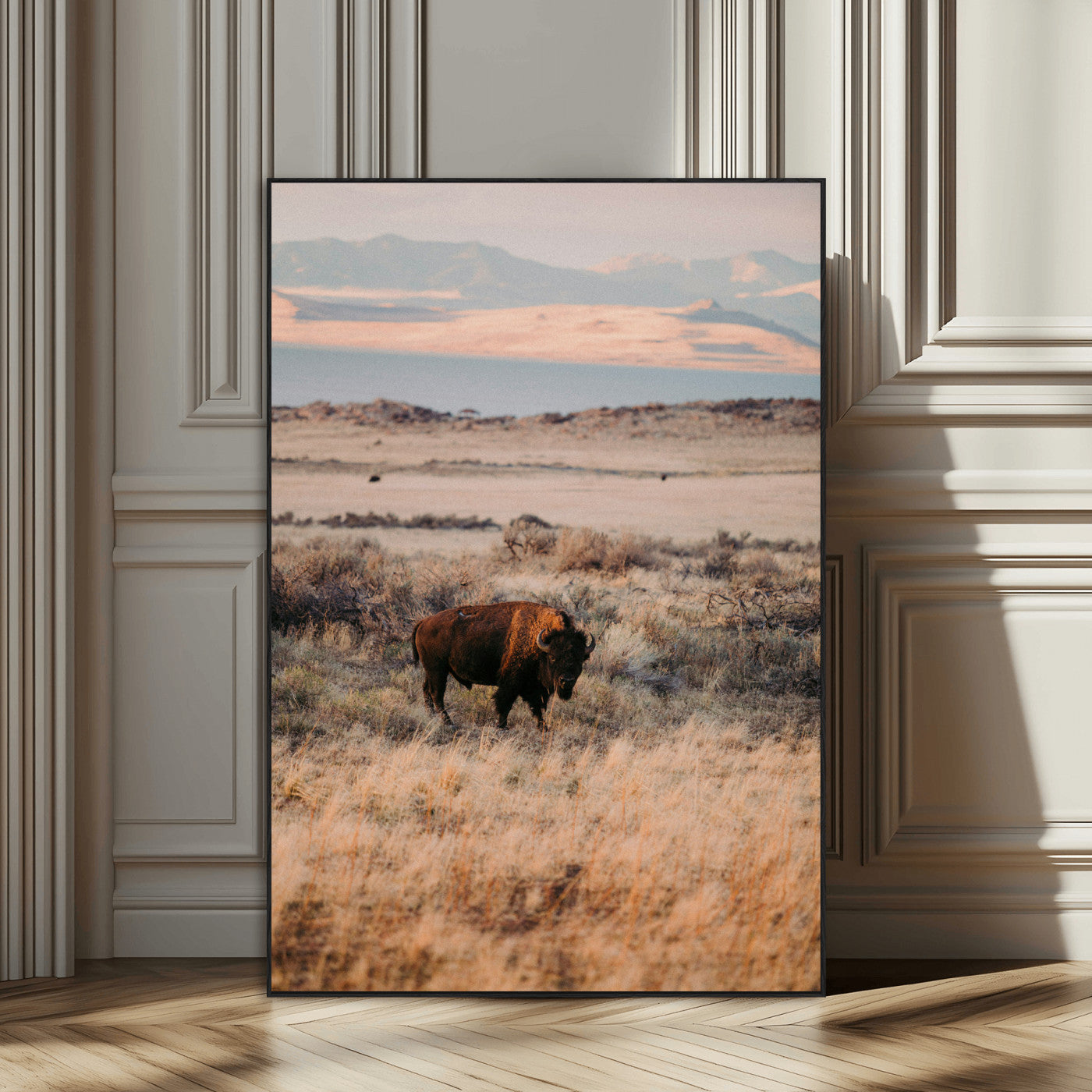 75146693-MGV-CV-24X36-Solitary Buffalo Wall Art Canvas Print, Framed Golden Prairie Art Picture Print, Earthy Tones Perfect Rustic Western Decor Artwork