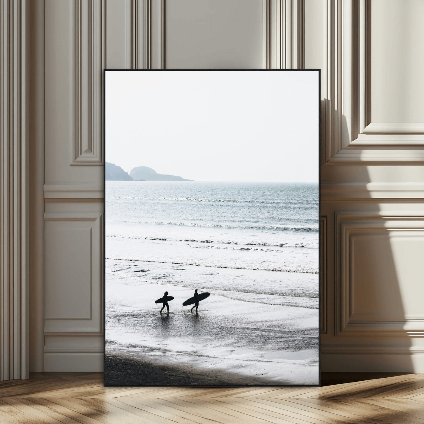58090796-SEG-FC-51X34_Oversize_Oversize-Surfer Silhouettes Wall Art Canvas Print, Framed Minimalist Ocean Art Picture Print, Soft Horizon Perfect Minimalist Coastal Decor