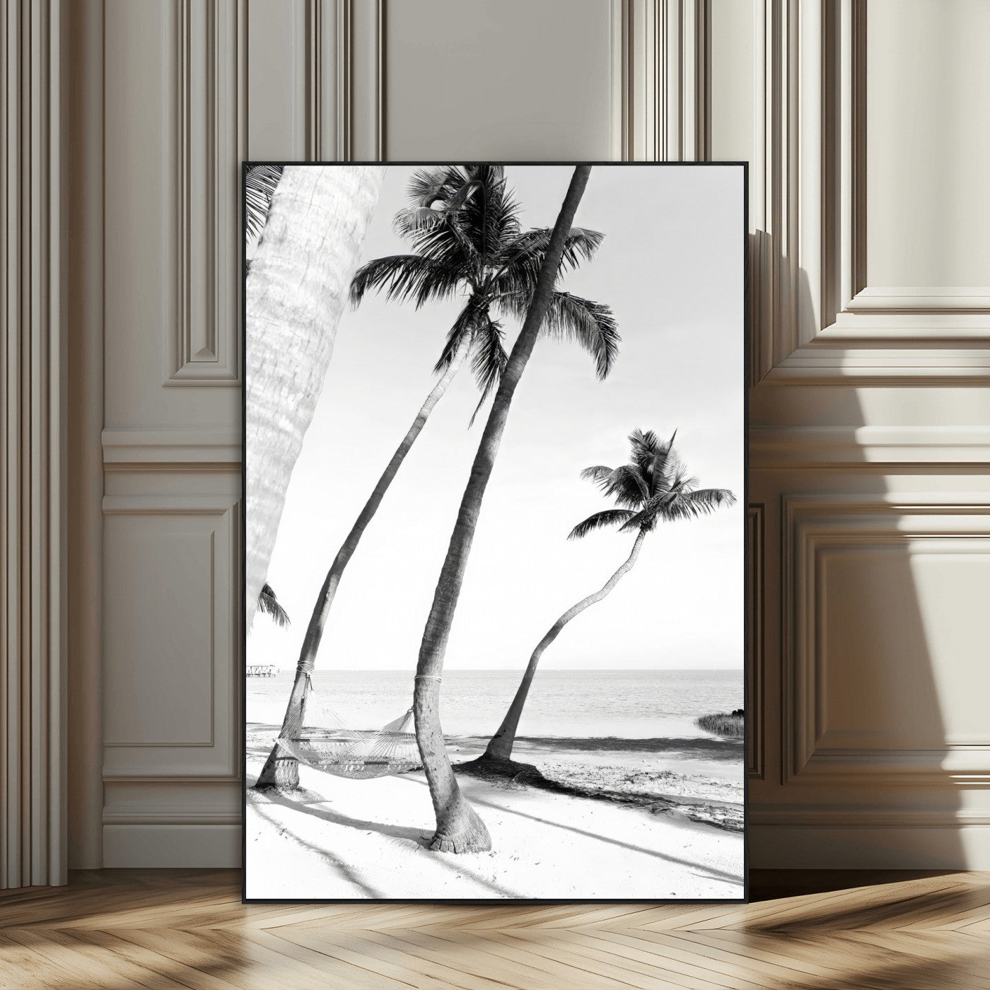16582004-SEG-FC-51X34_Oversize_Oversize-Black and White Tropical Palm Trees Canvas Wall Art – Minimalist Coastal Photography, Large Framed Print for Home, Office, Living