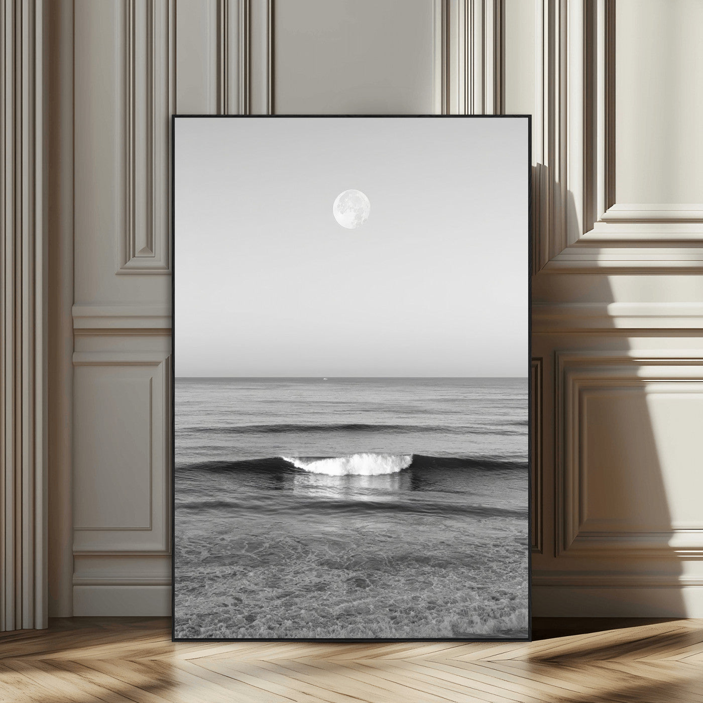 10207552-SEG-FC-51X34_Oversize_Oversize-Minimalist Ocean Moon Wall Art – Black and White Seascape Photography Print, Coastal Decor, Calm Ocean Waves with Full Moon for